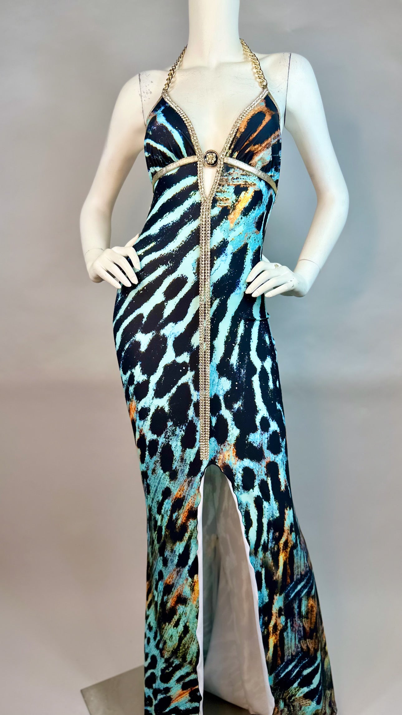 Halter open back dress with medallion