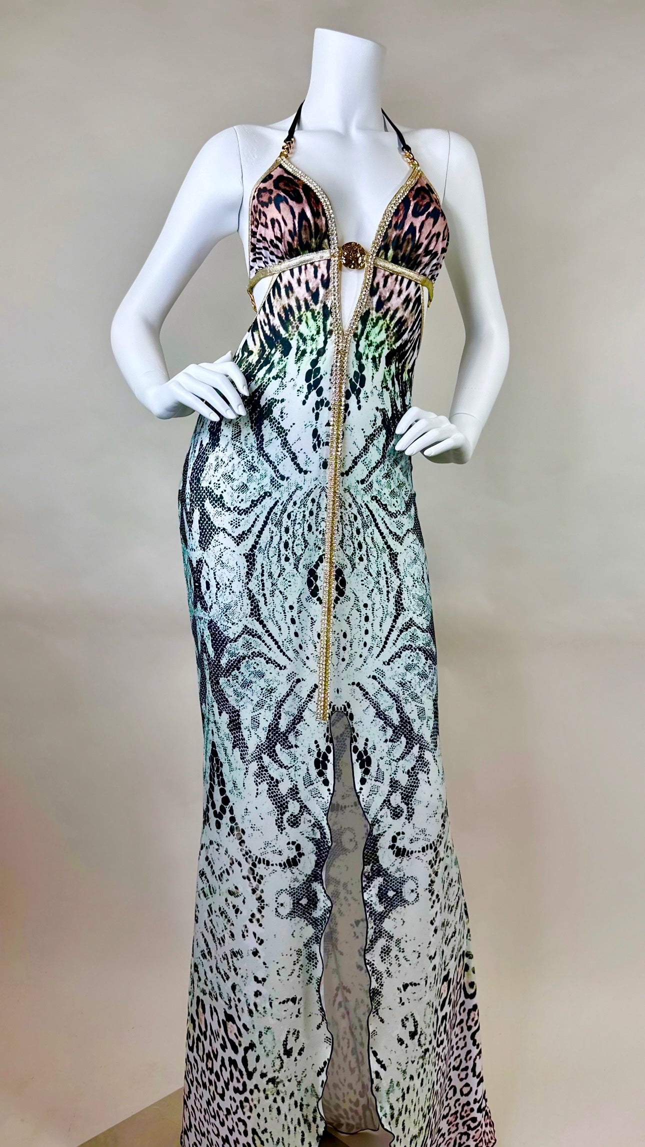 Halter open back dress with medallion