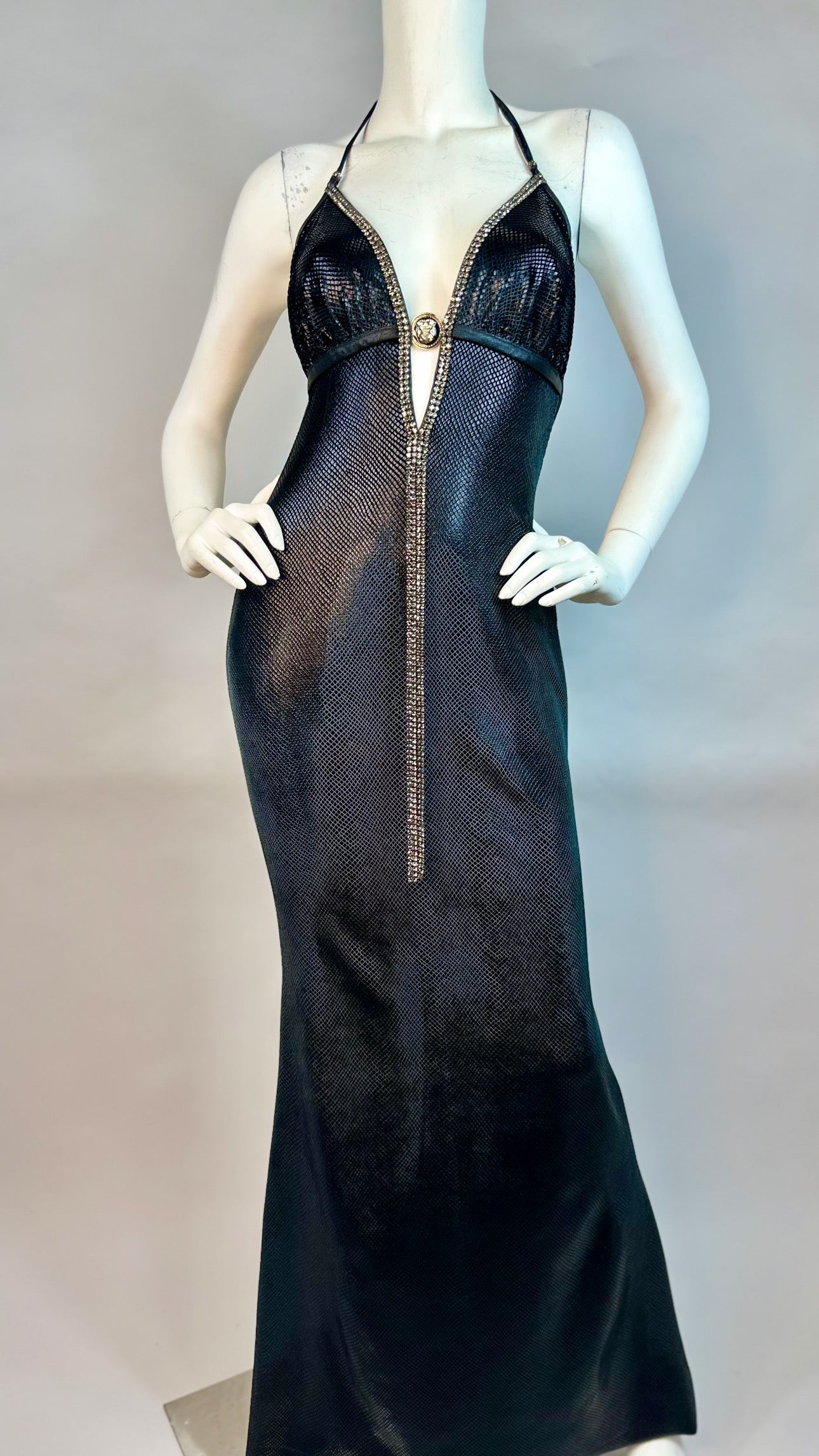 Halter open back long dress with medallion