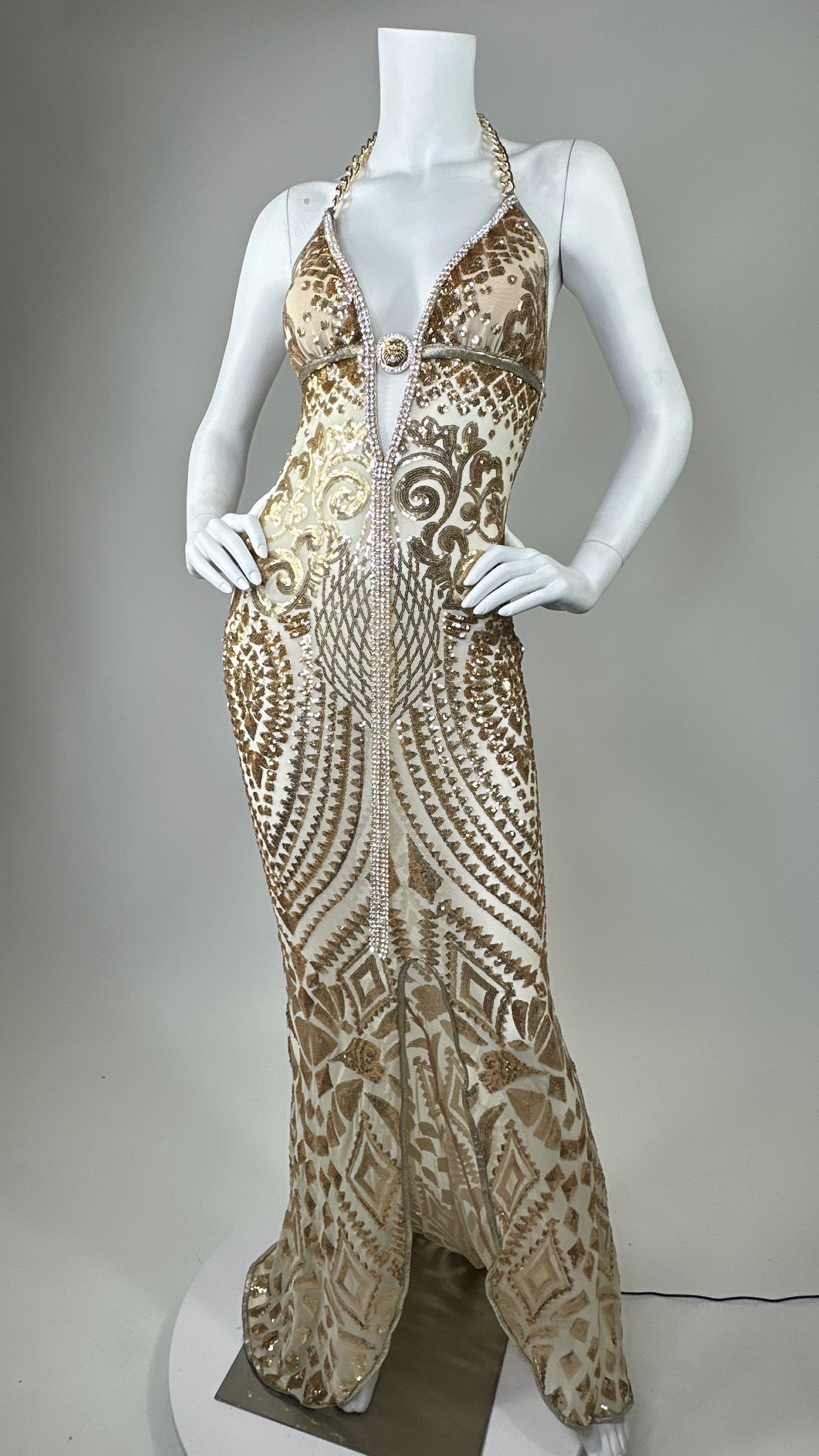 Halter open back beaded long dress with medallion