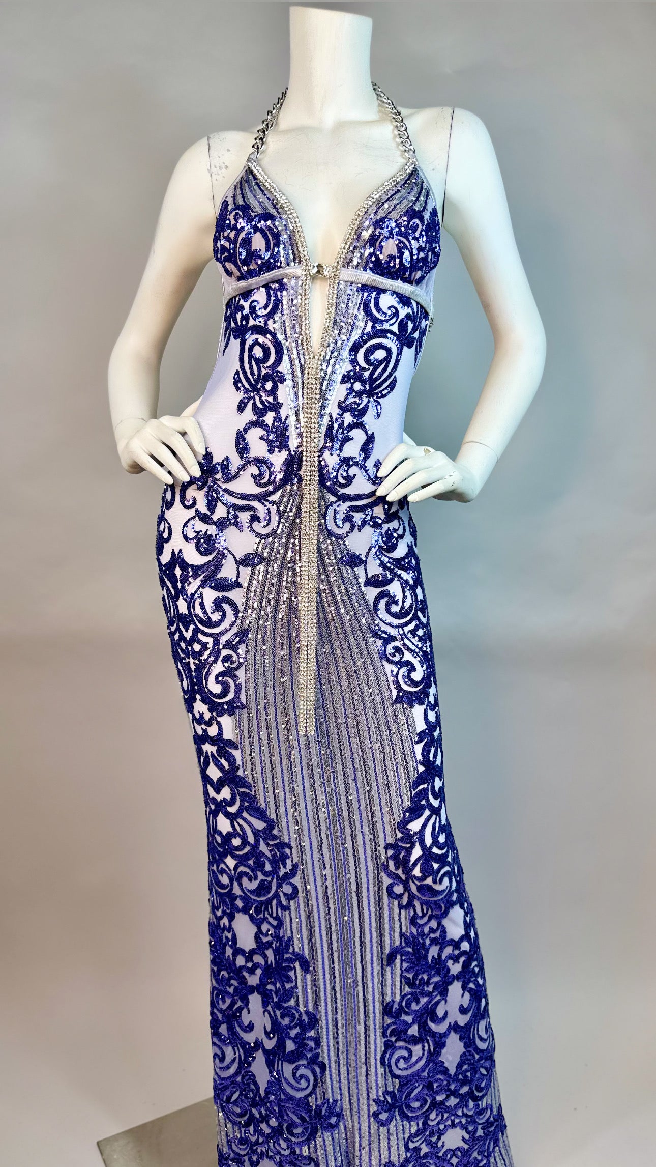 Halter open back beaded long dress with medallion