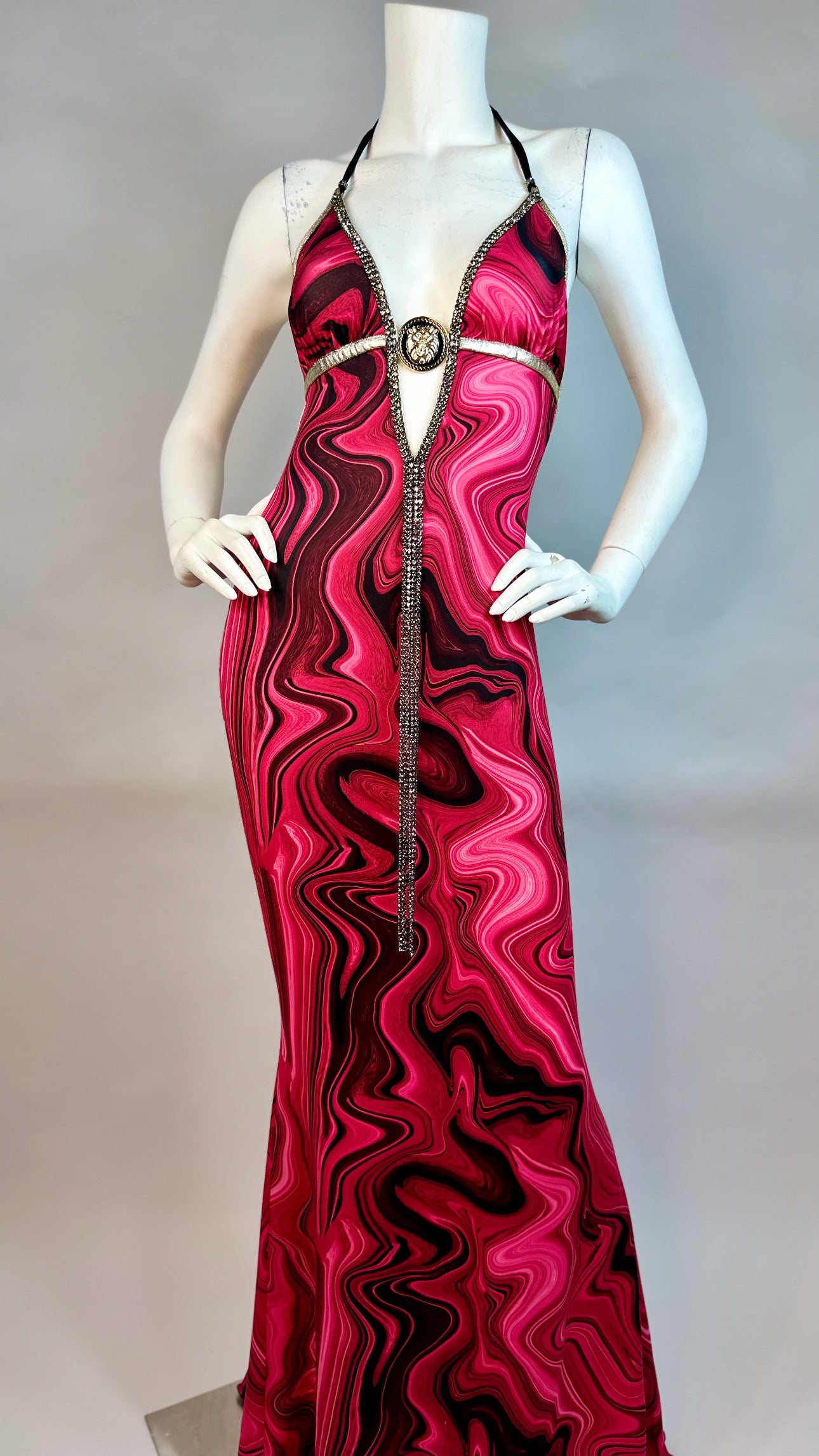 Halter open back dress with medallion