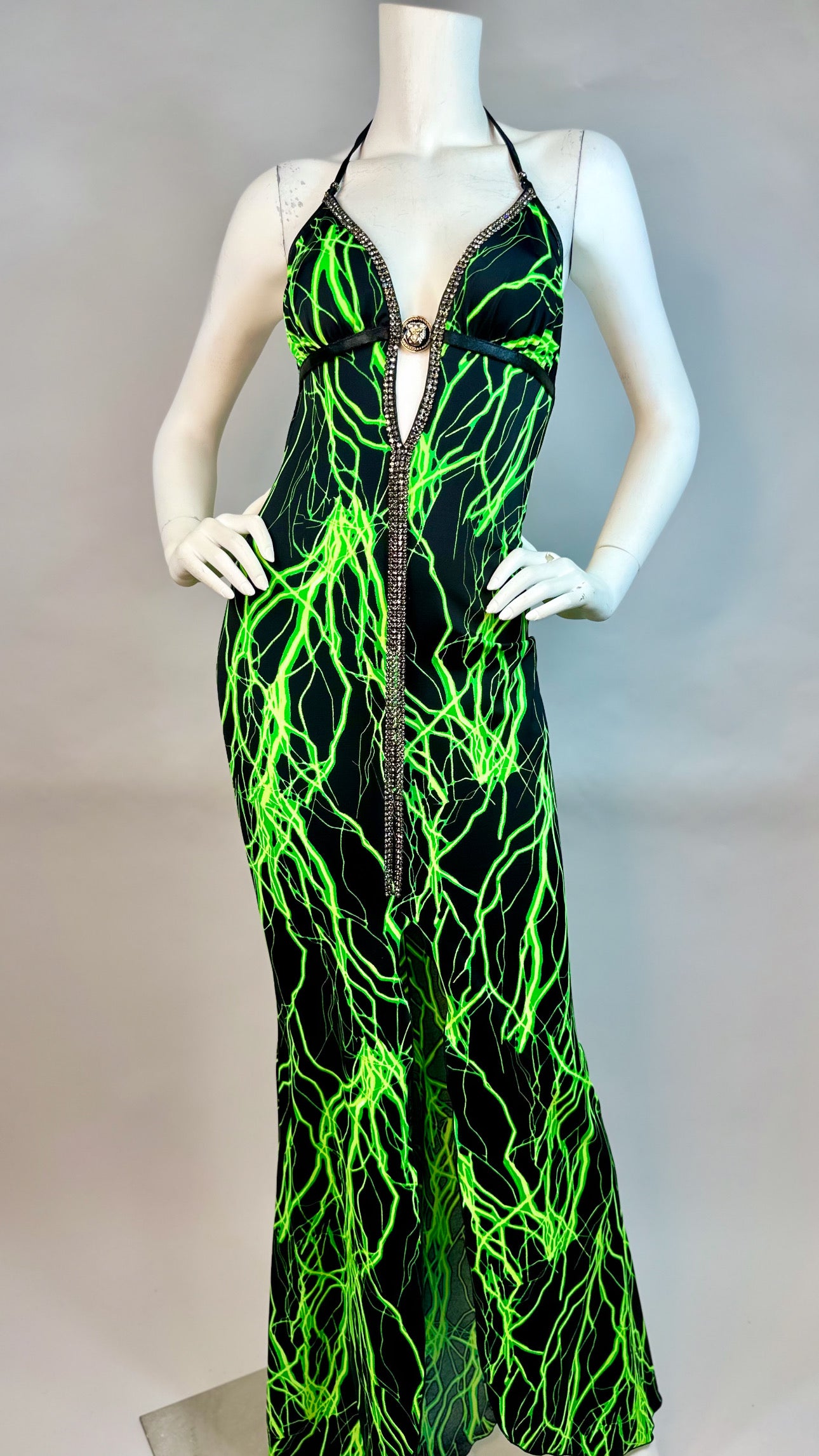 Halter open back long dress with medallion