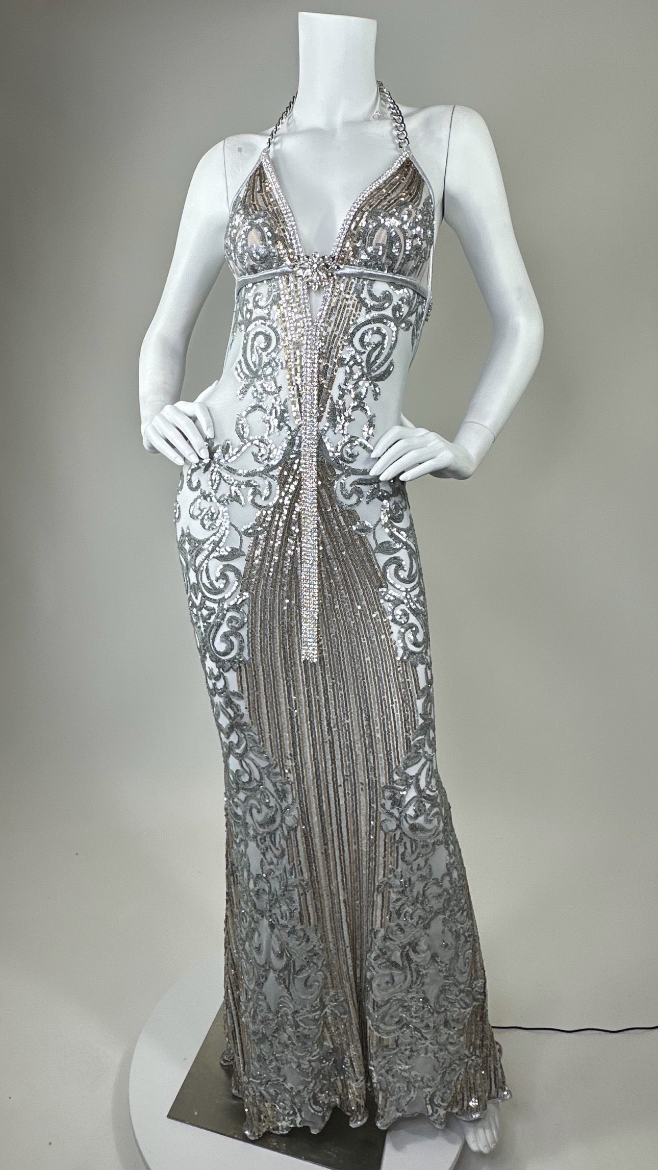 Halter open back beaded long dress with medallion