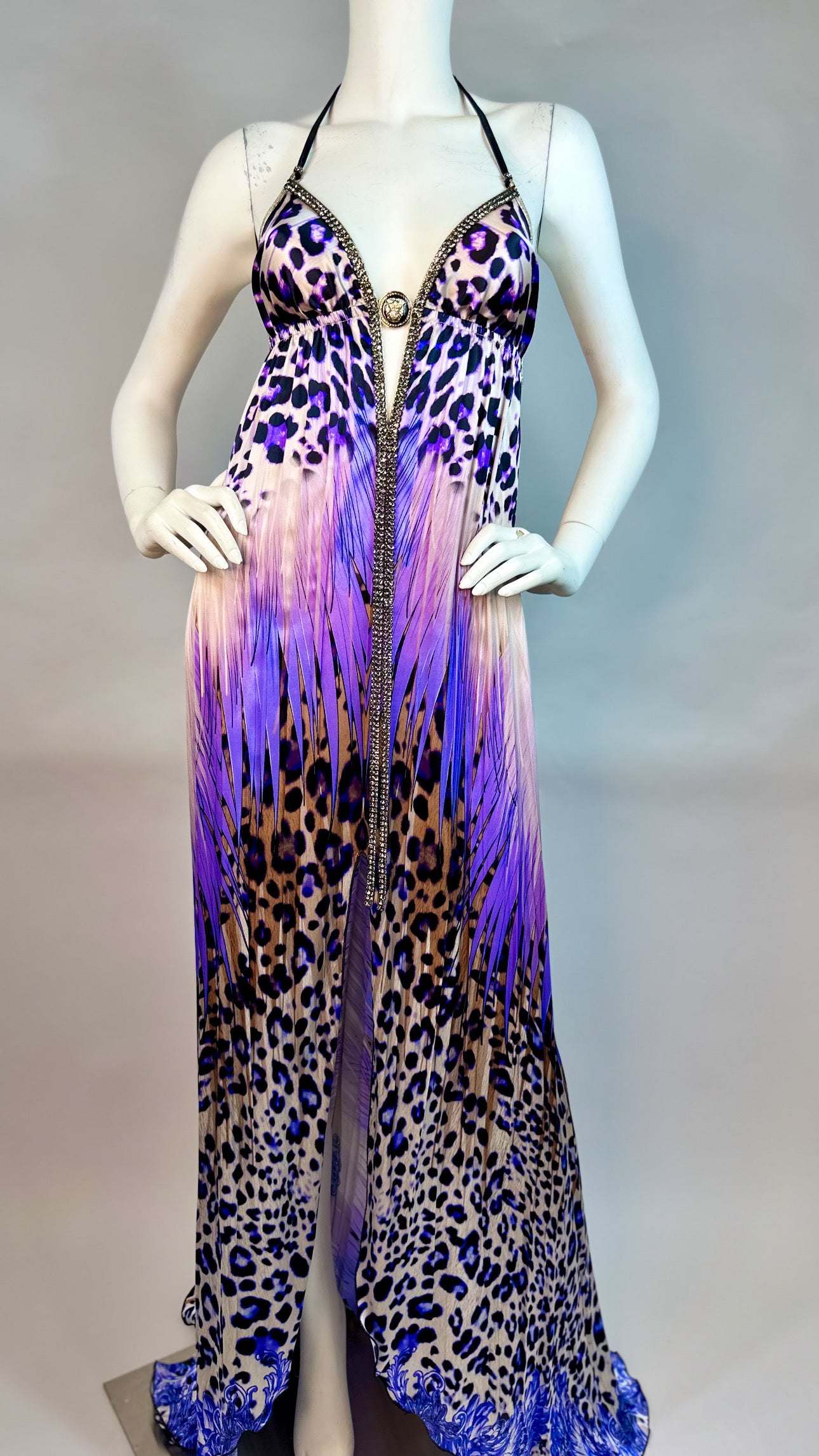 Halter open back long dress with medallion