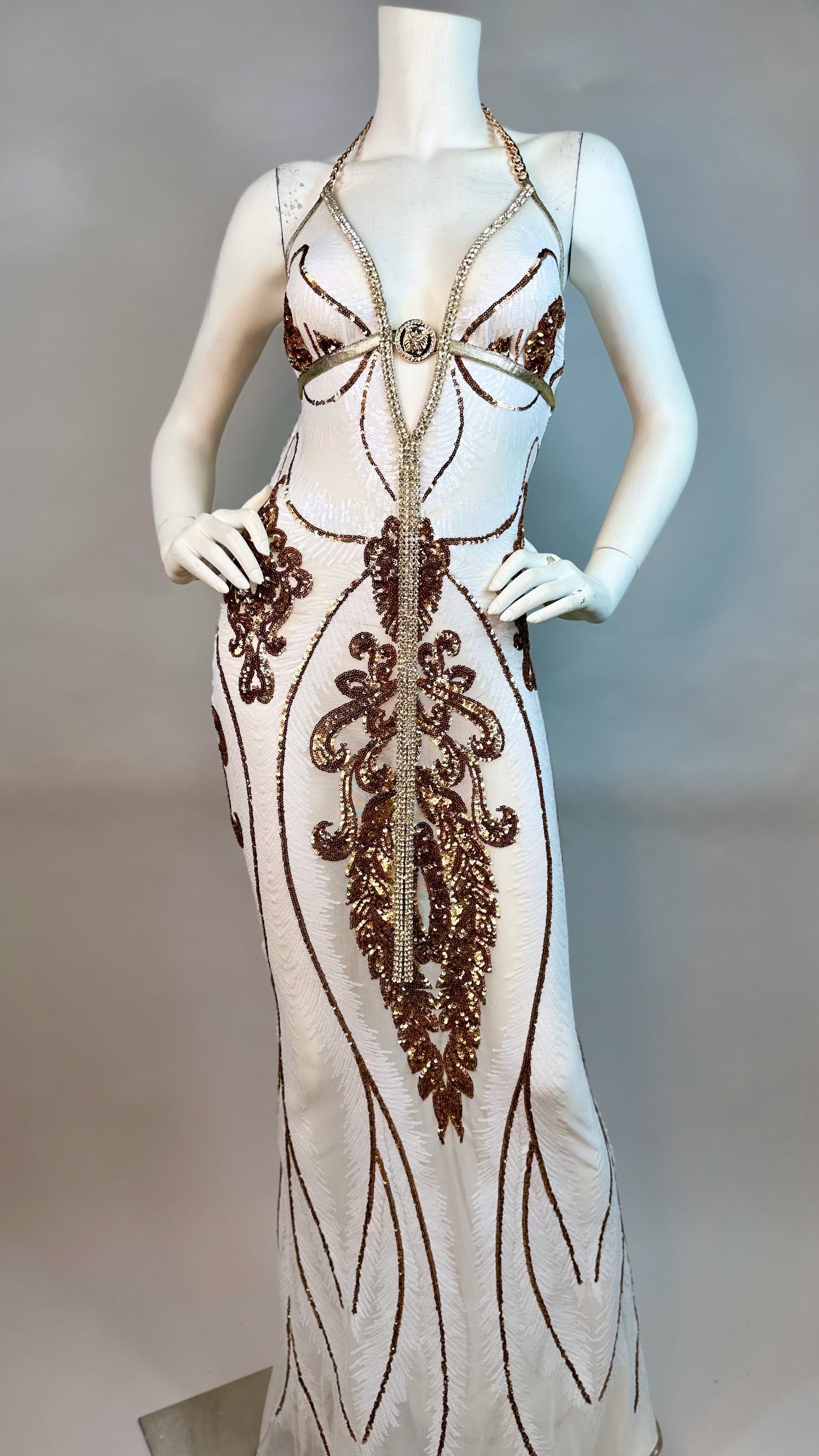 Halter open back beaded long dress with medallion
