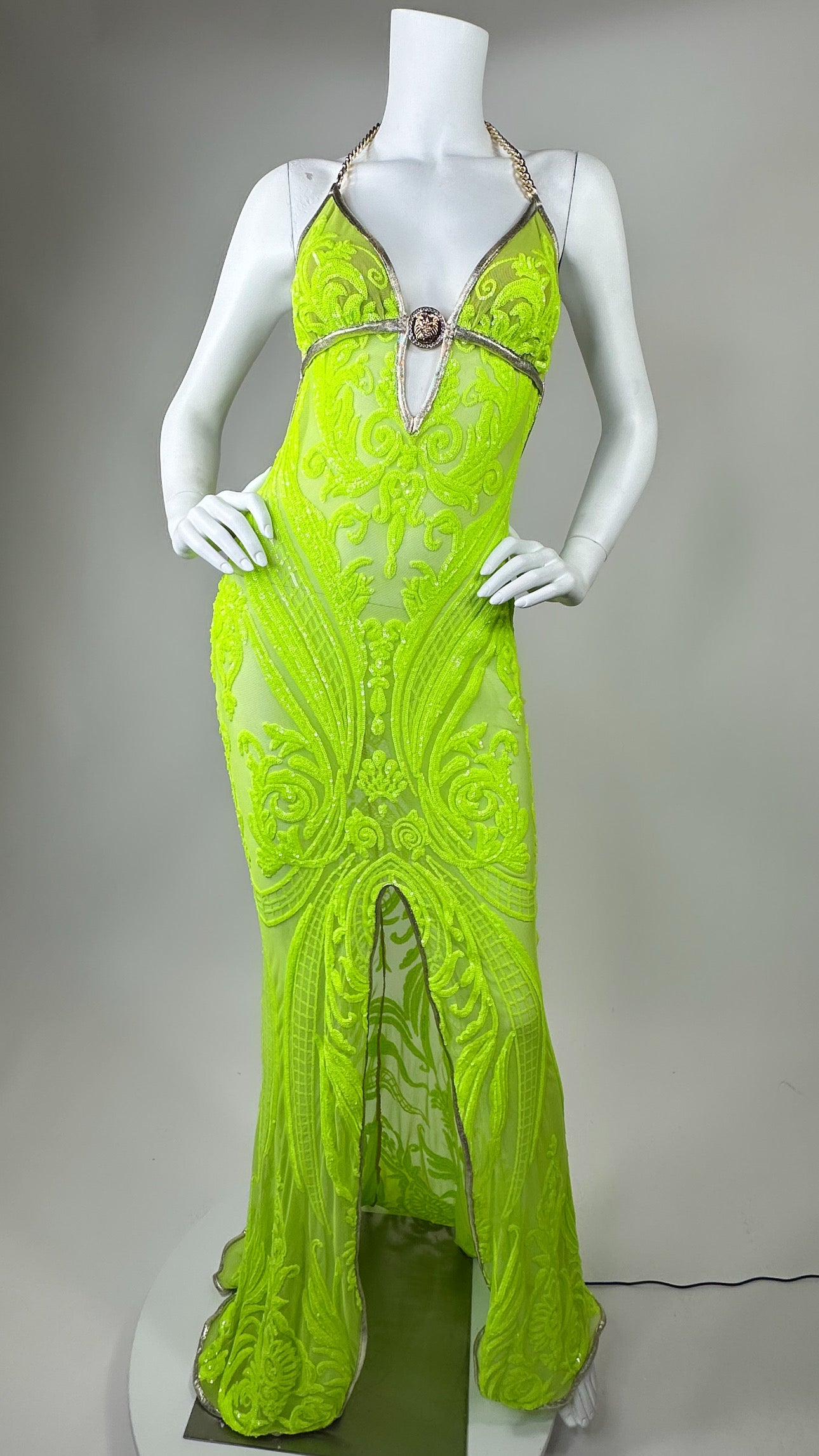 Halter open back beaded long dress with medallion