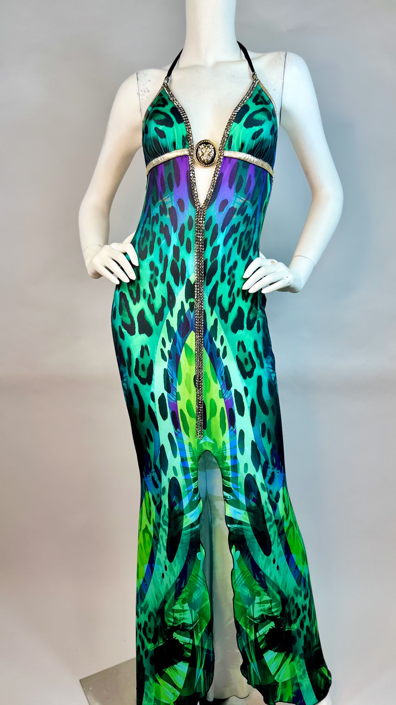 Halter open back long dress with medallion