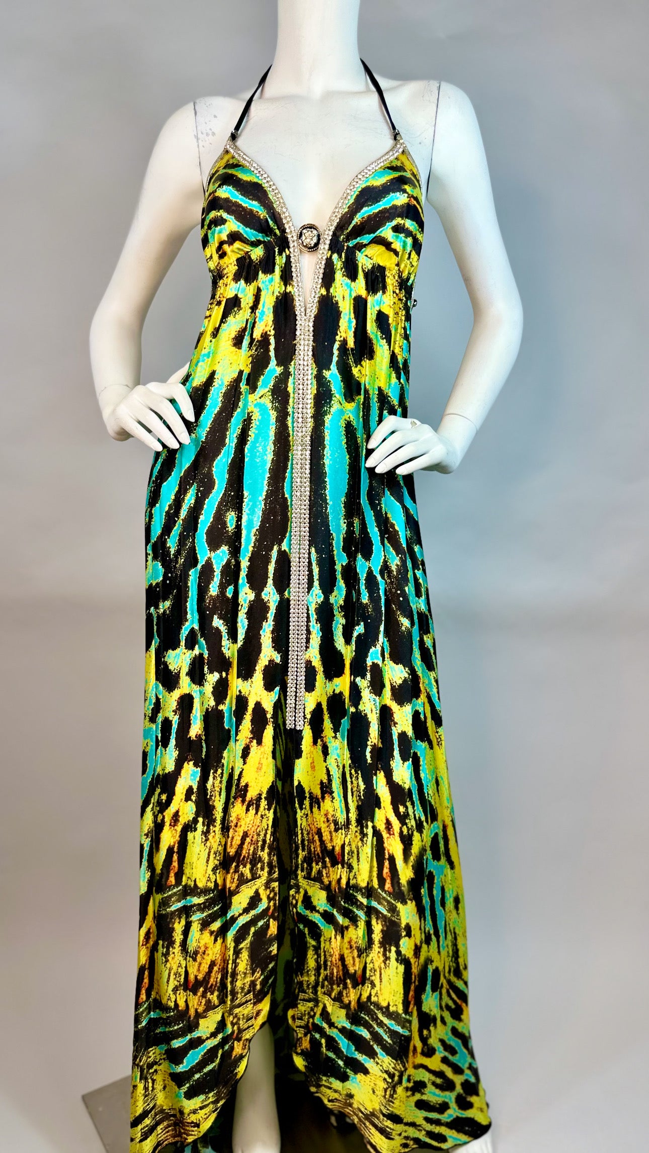 Halter open back long dress with medallion