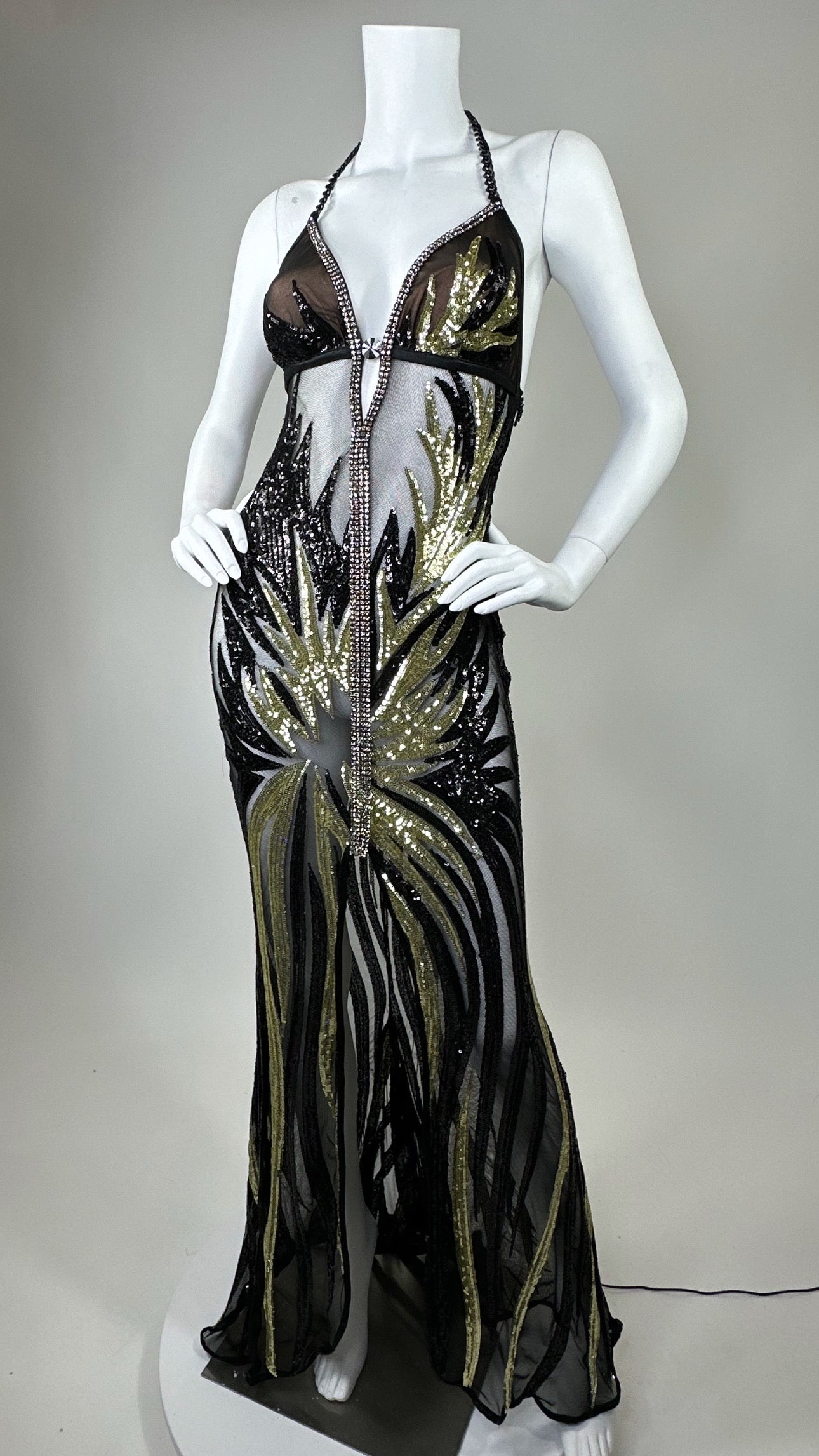 Halter open back beaded long dress with medallion