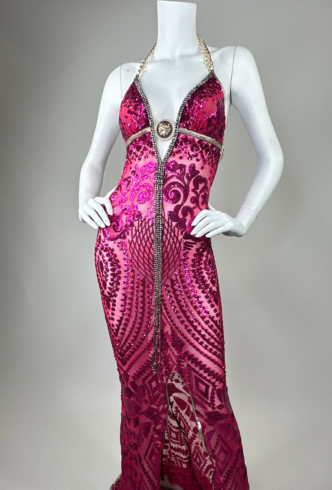 Halter open back beaded long dress with medallion