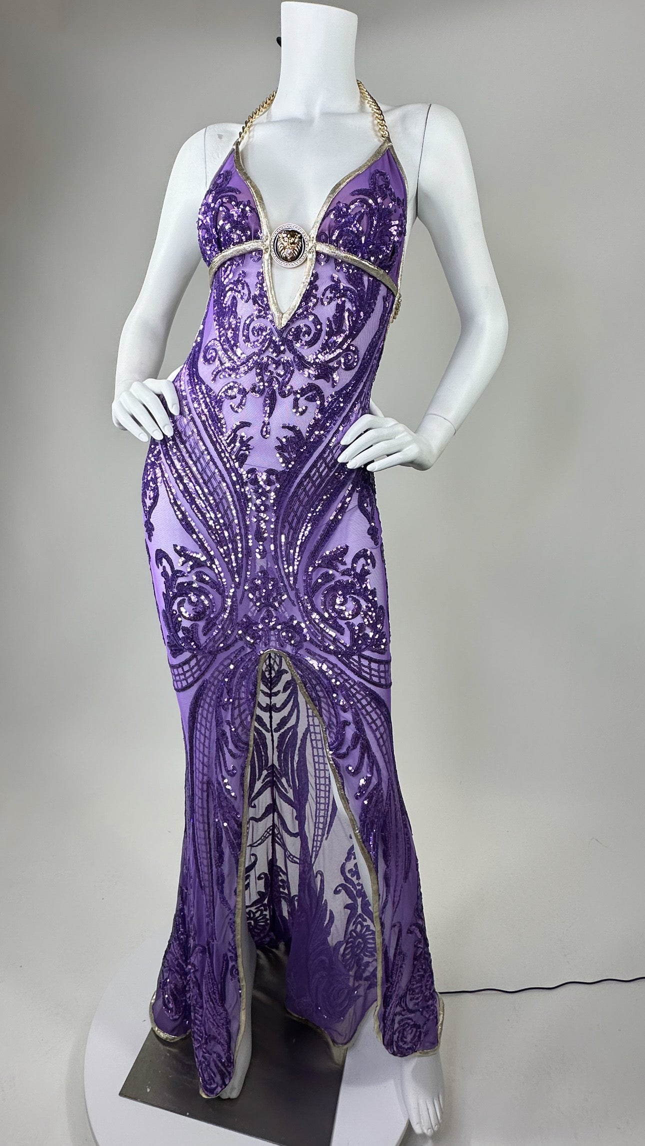 Halter open back beaded long dress with medallion