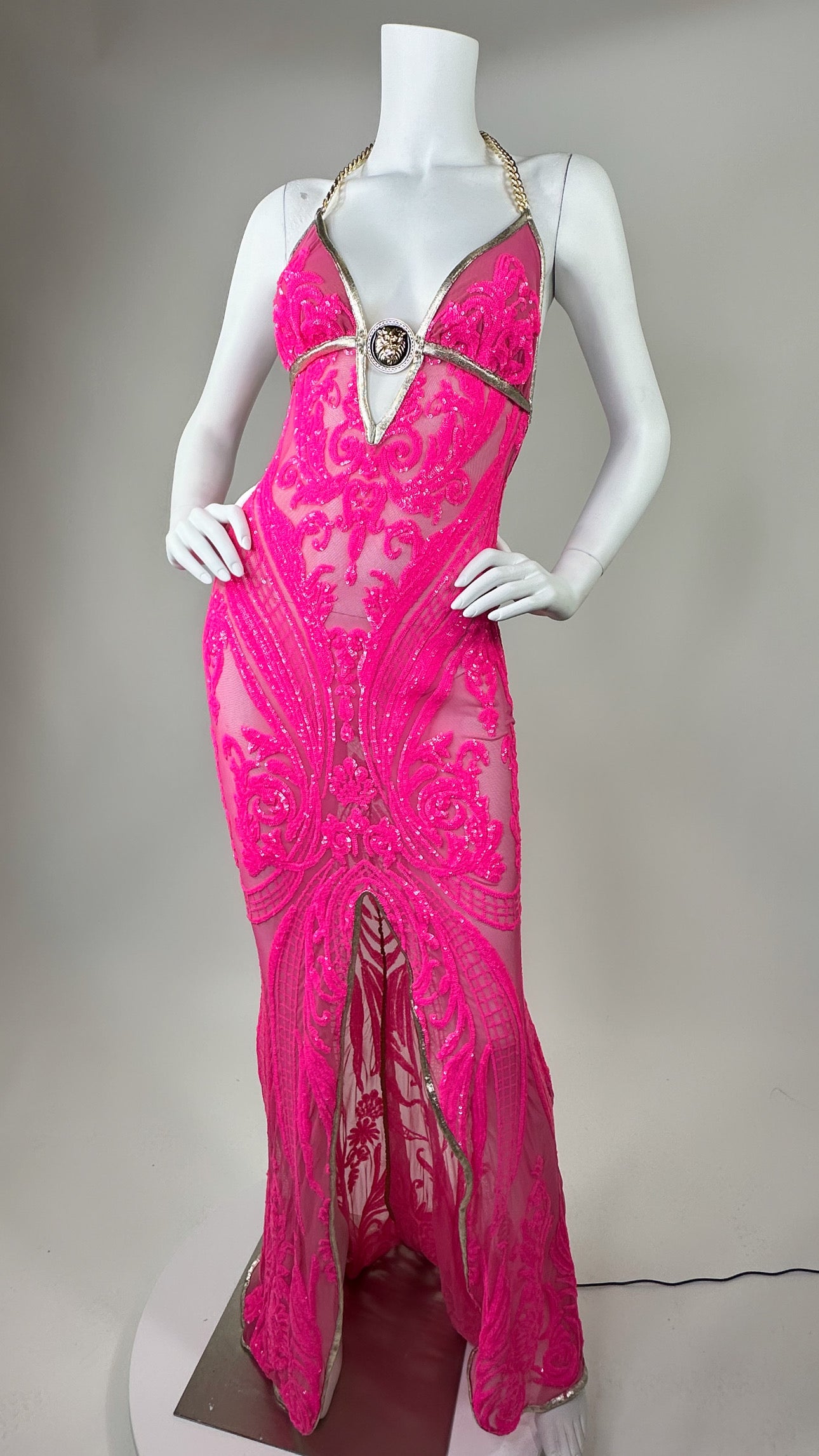 Halter open back beaded long dress with medallion