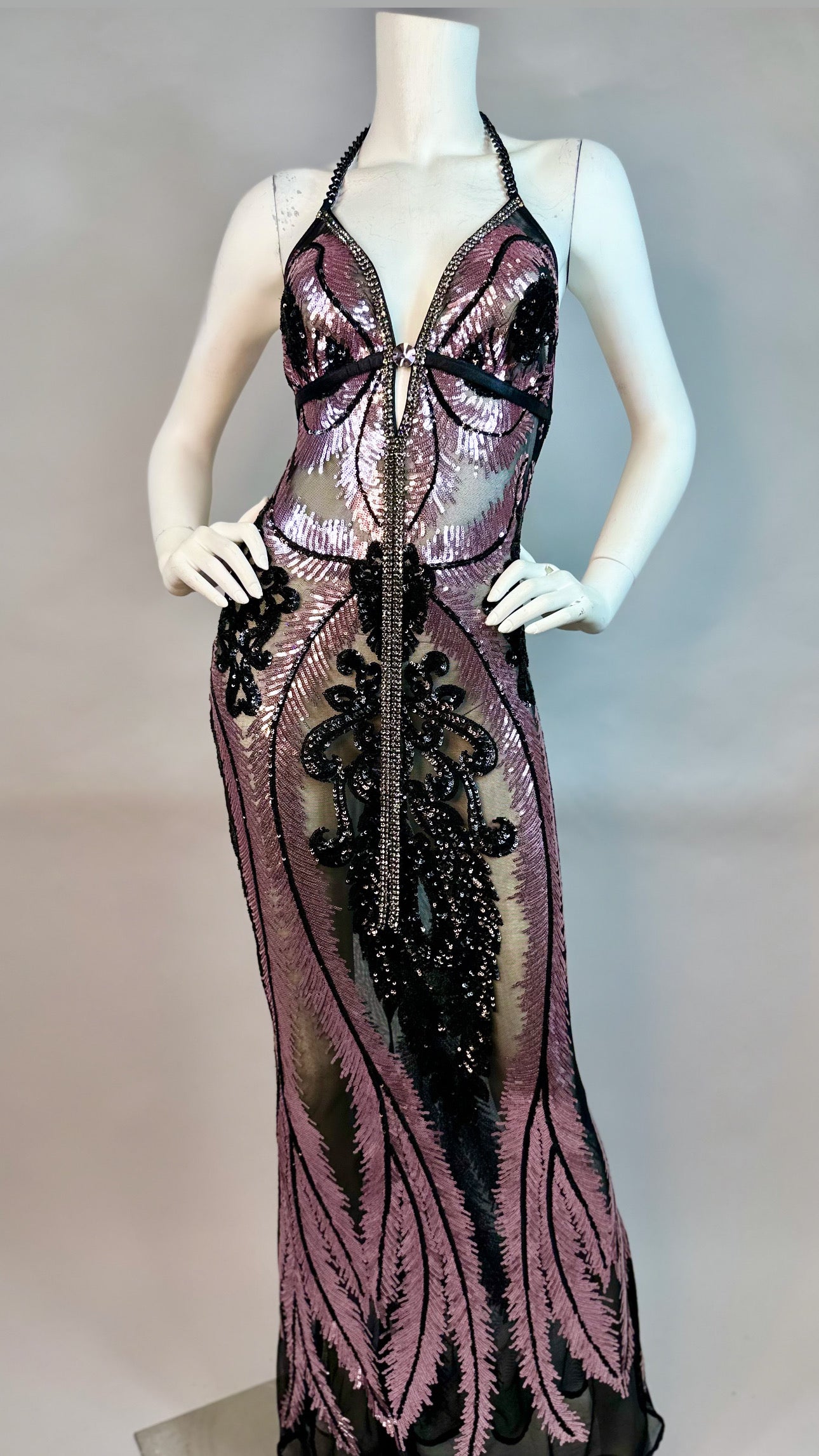 Halter open back beaded long dress with medallion