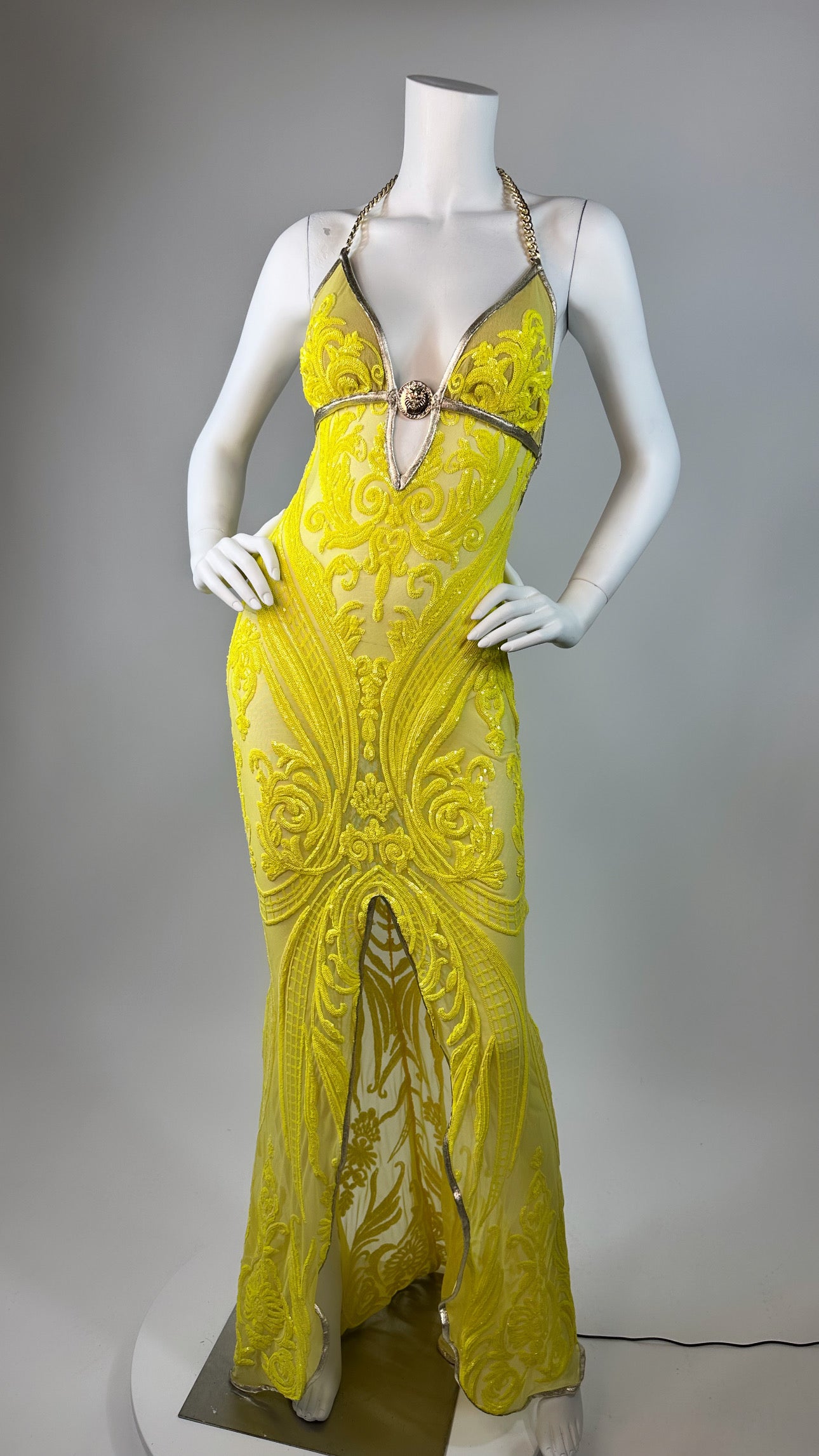 Halter open back beaded long dress with medallion