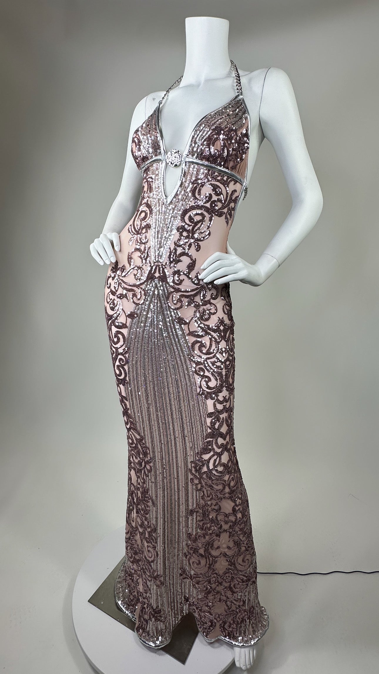 Halter open back beaded long dress with medallion