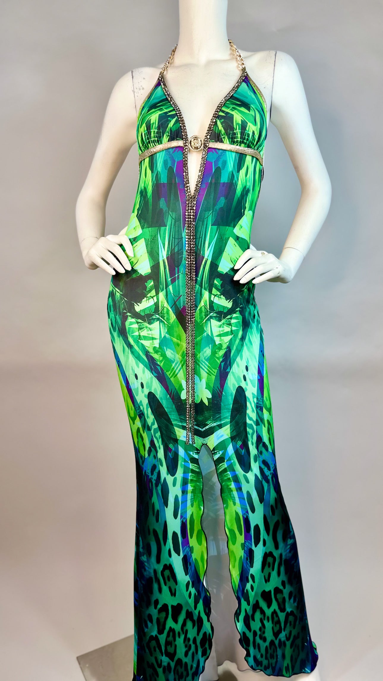 Halter open back long dress with medallion