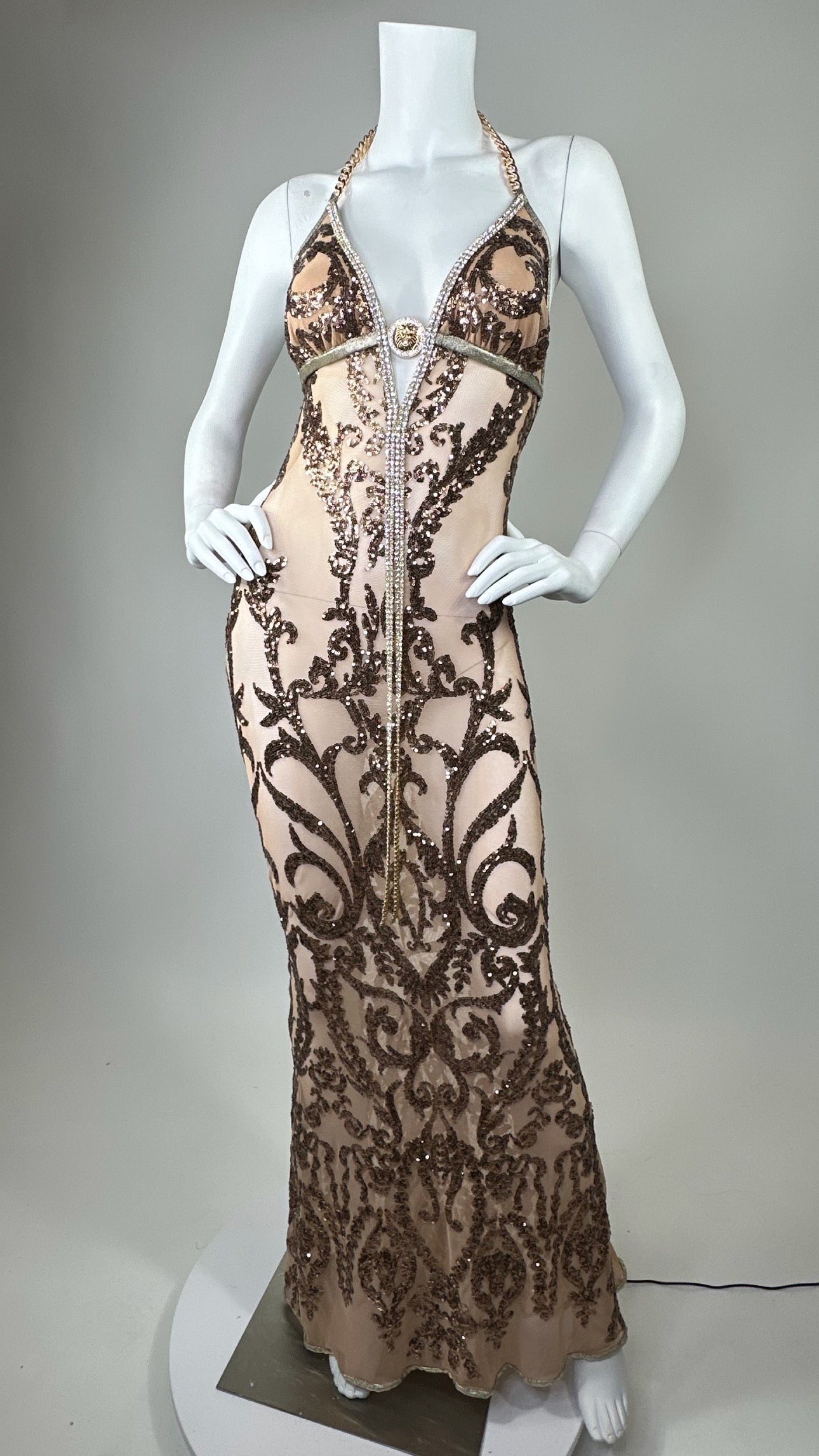 Halter open back beaded long dress with medallion