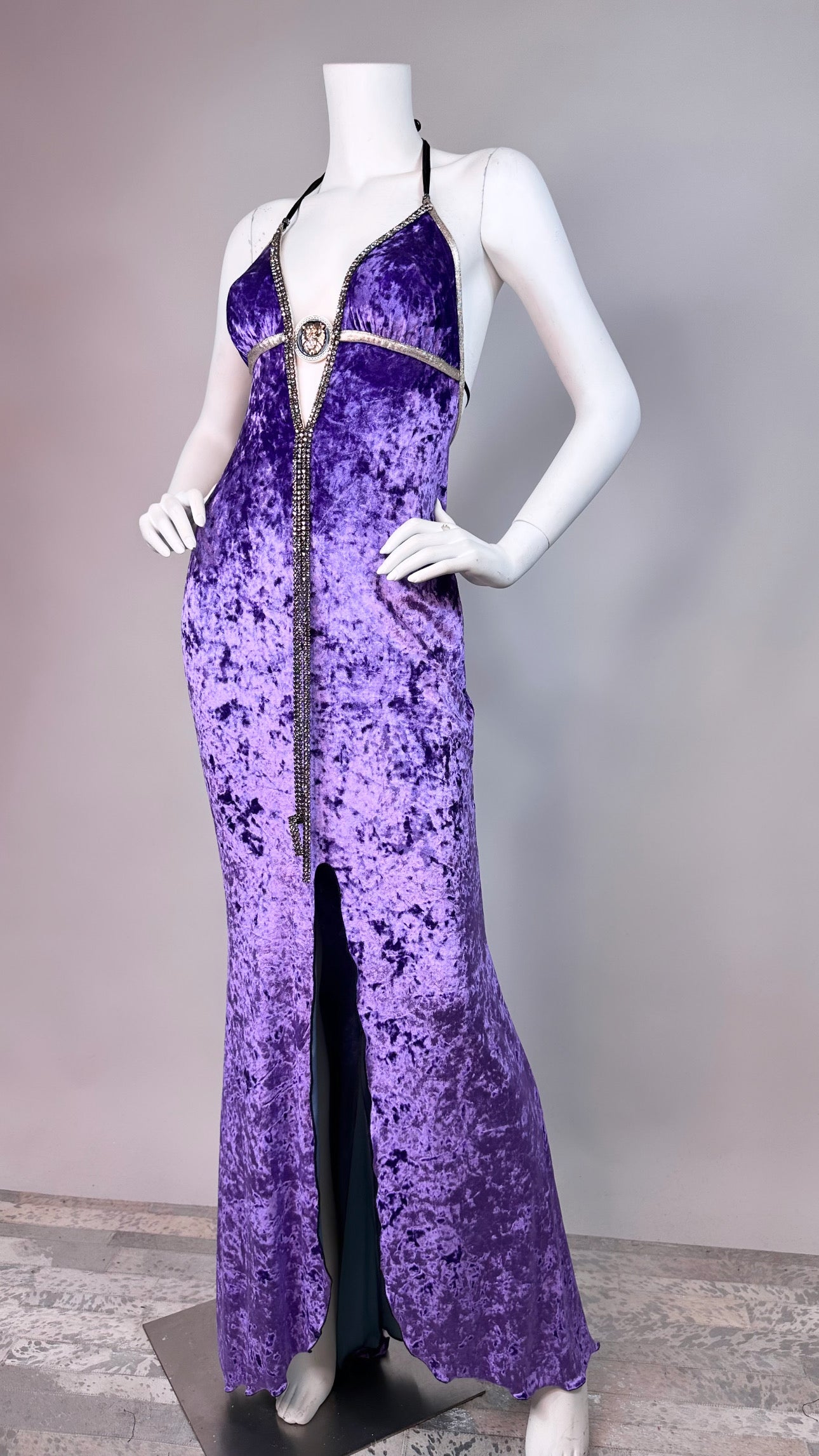 Halter open back long dress with medallion