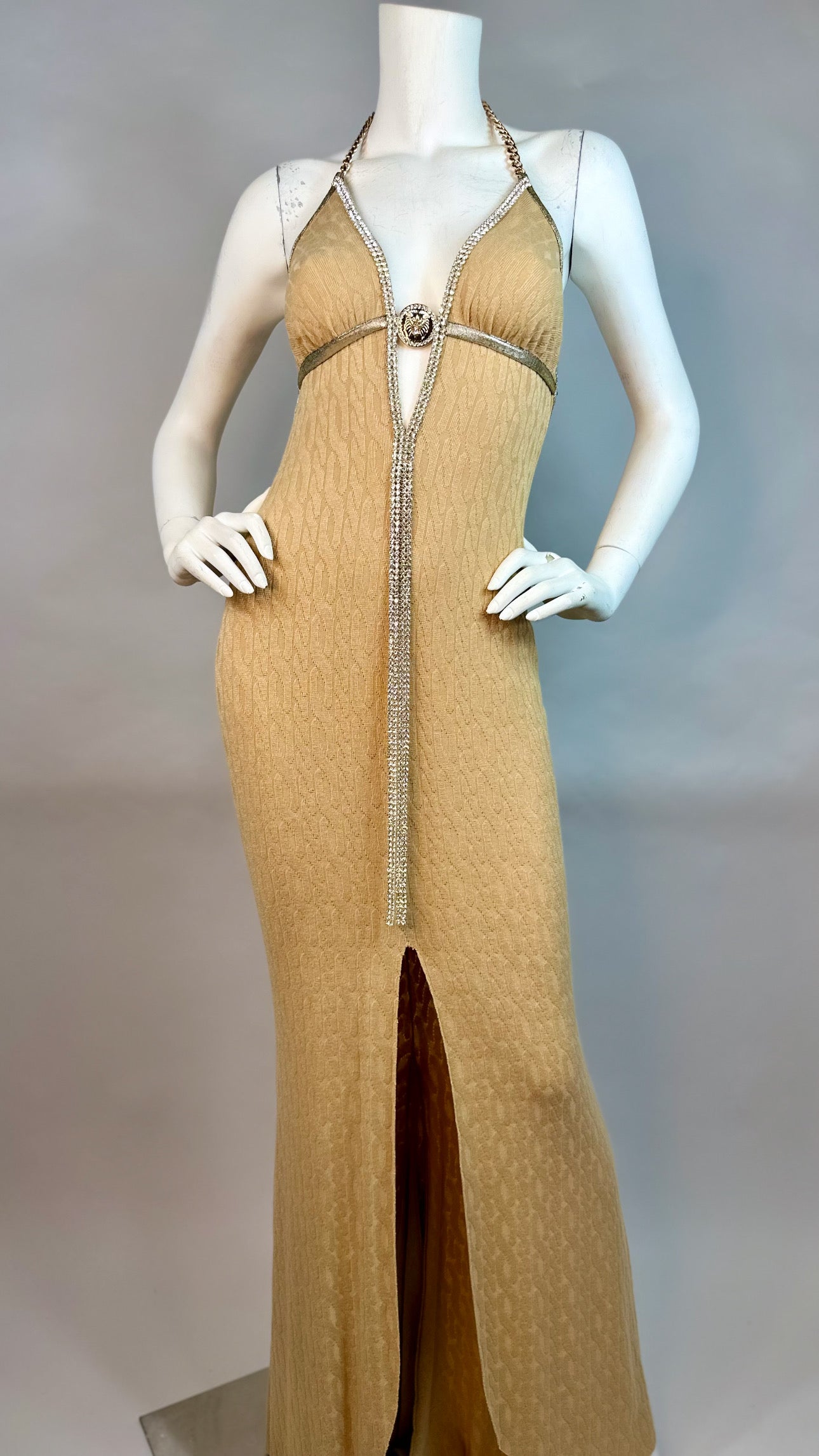 Halter open back long dress with medallion