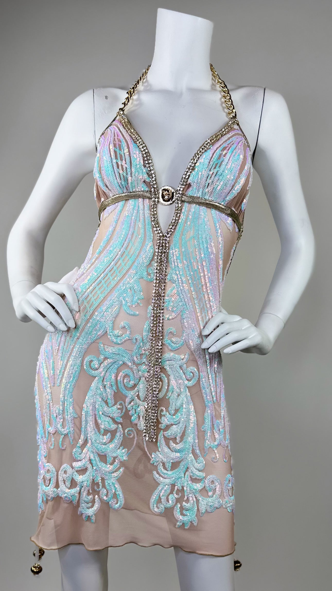 Halter open back beaded short dress