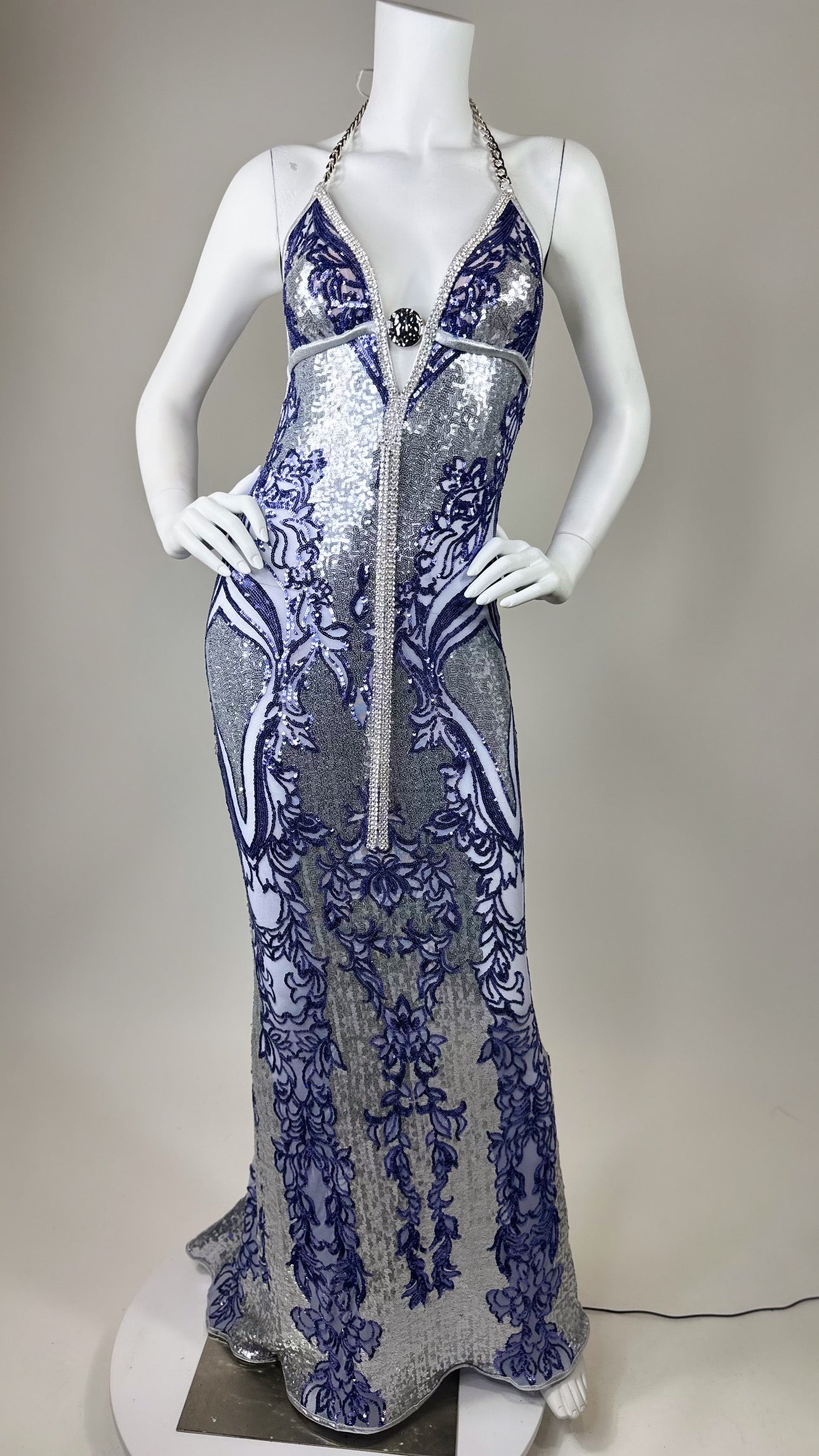 Halter open back beaded long dress with medallion