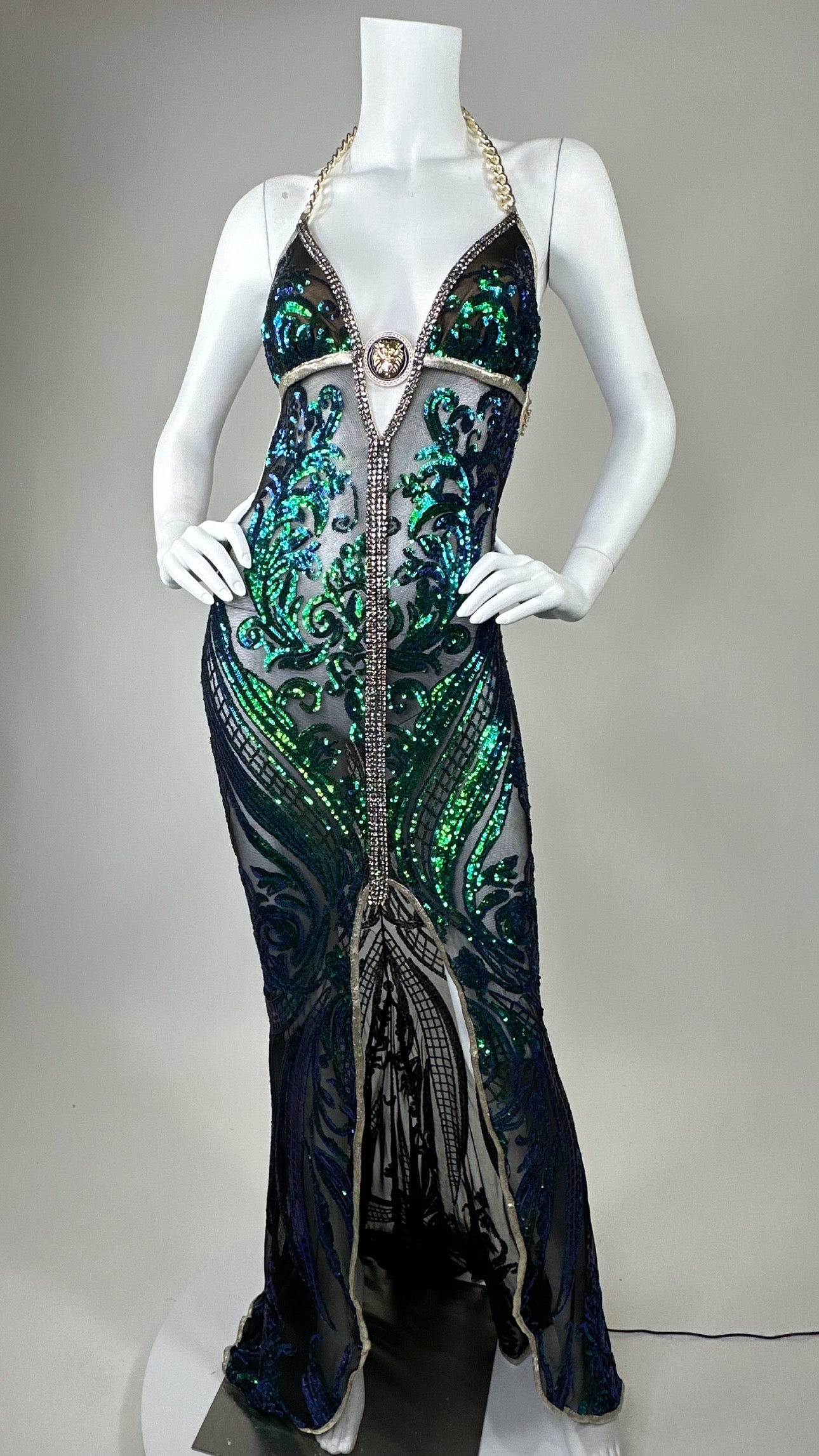 Halter open back beaded long dress with medallion