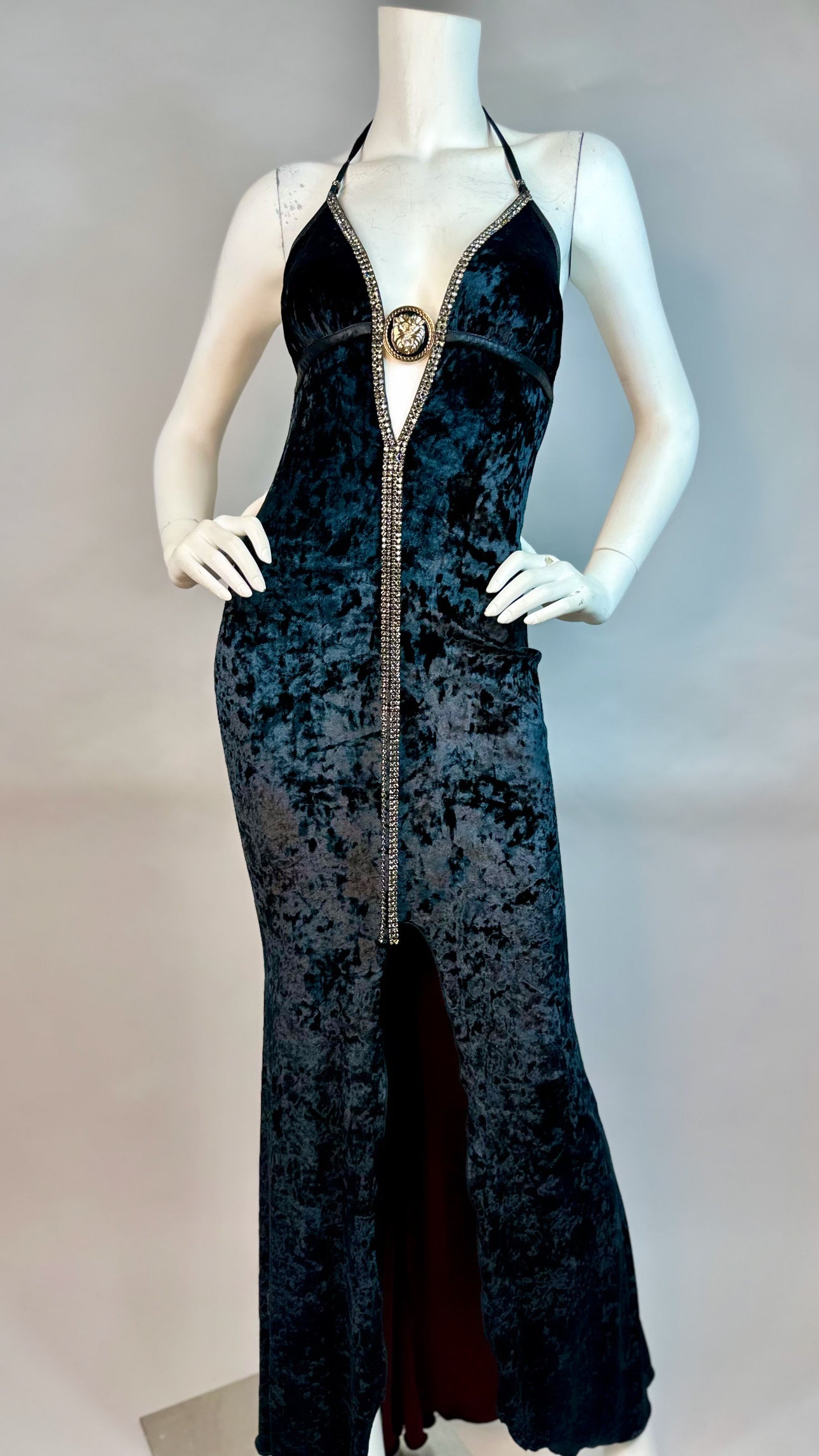 Halter open back long dress with medallion