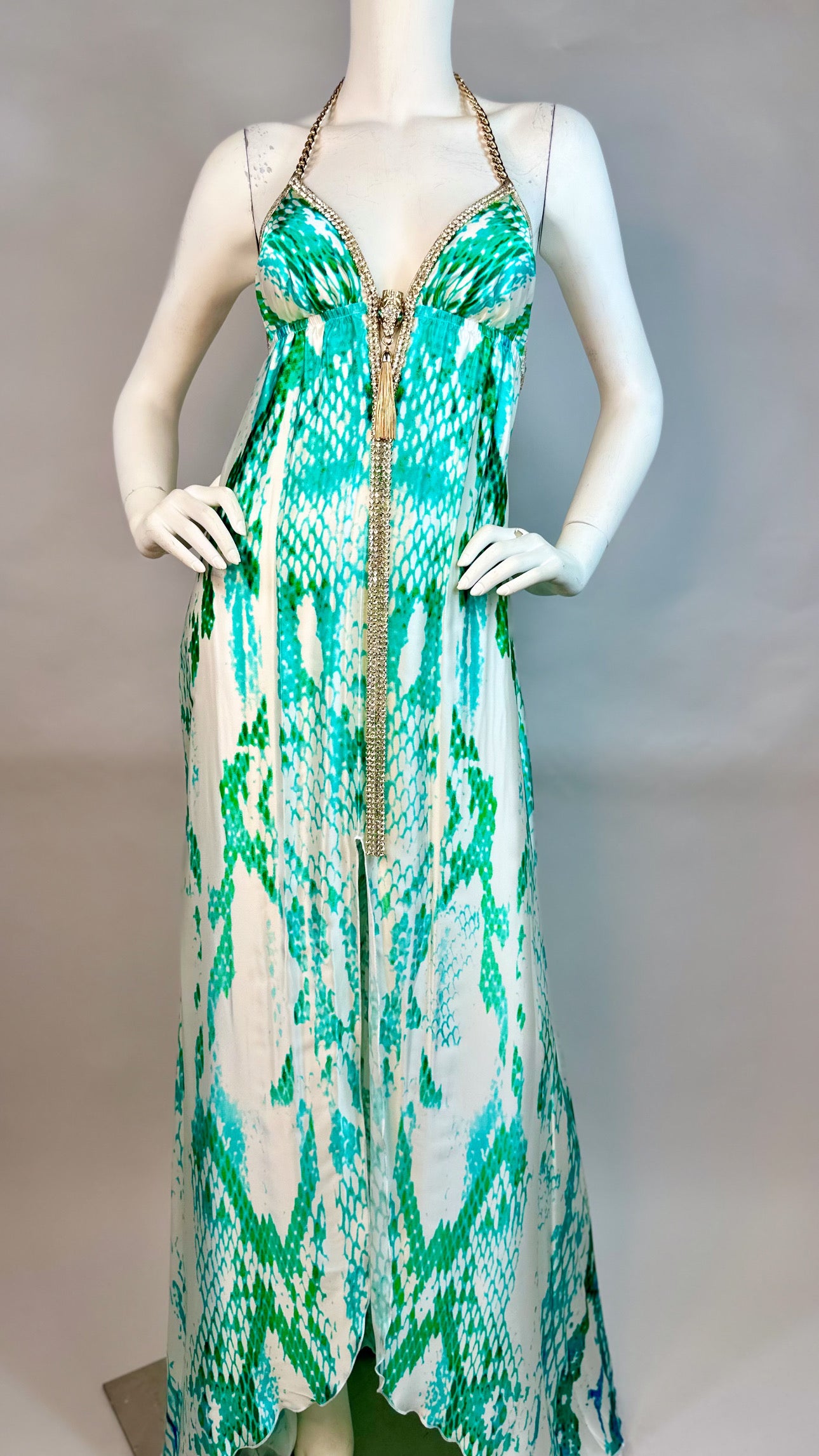 Halter open back long dress with medallion