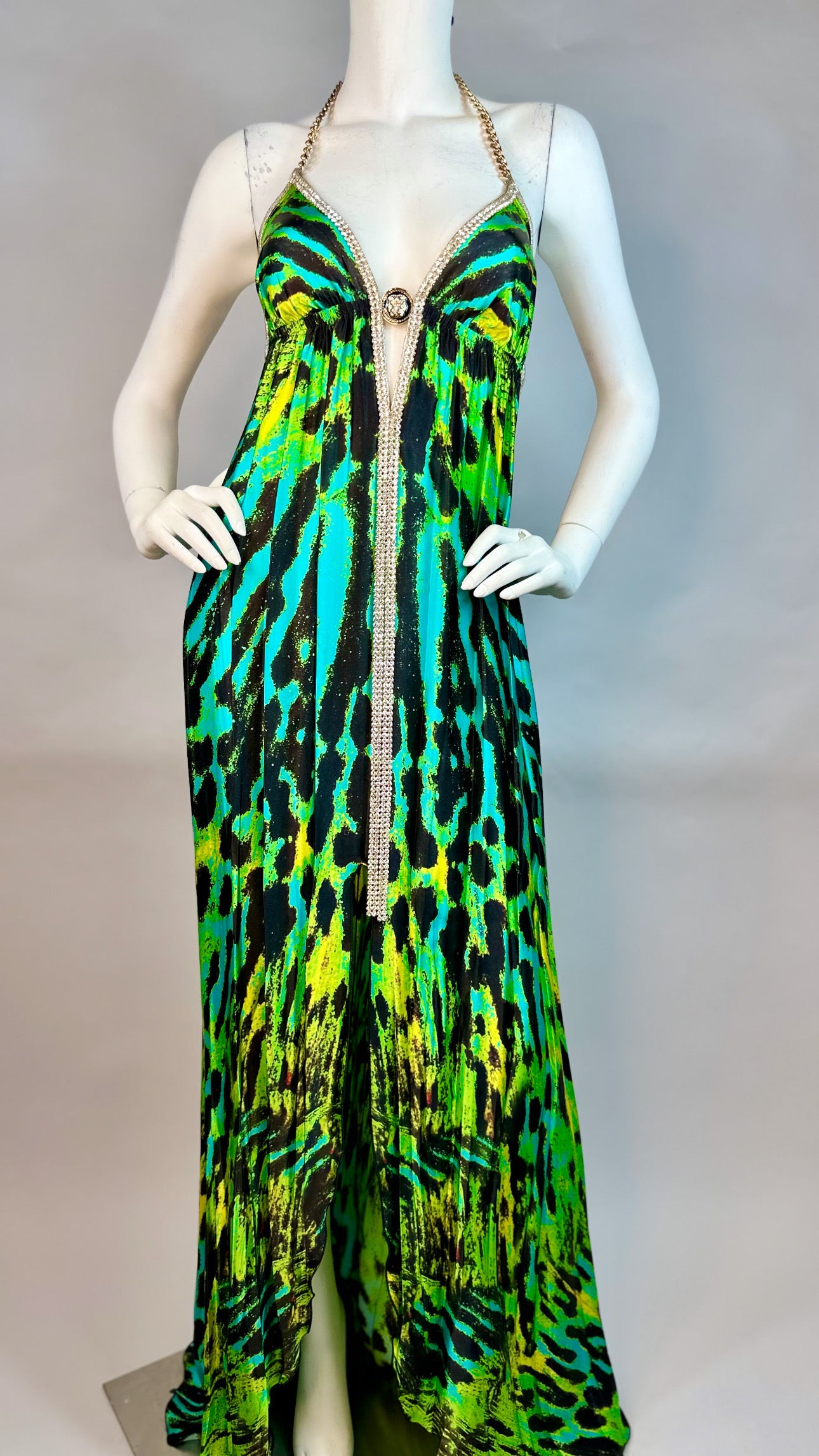 Halter open back long dress with medallion