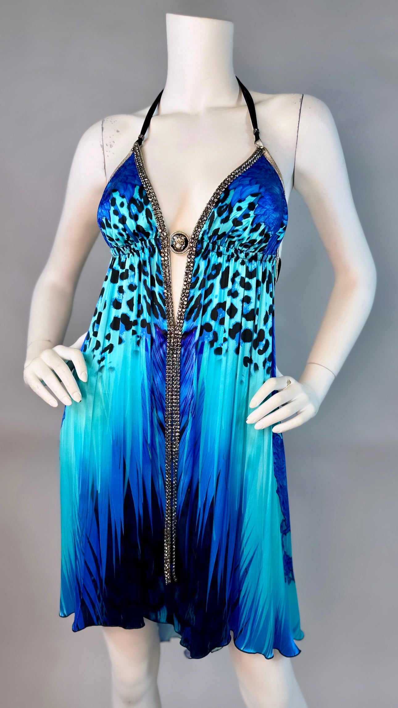 Halter open back short dress with medallion