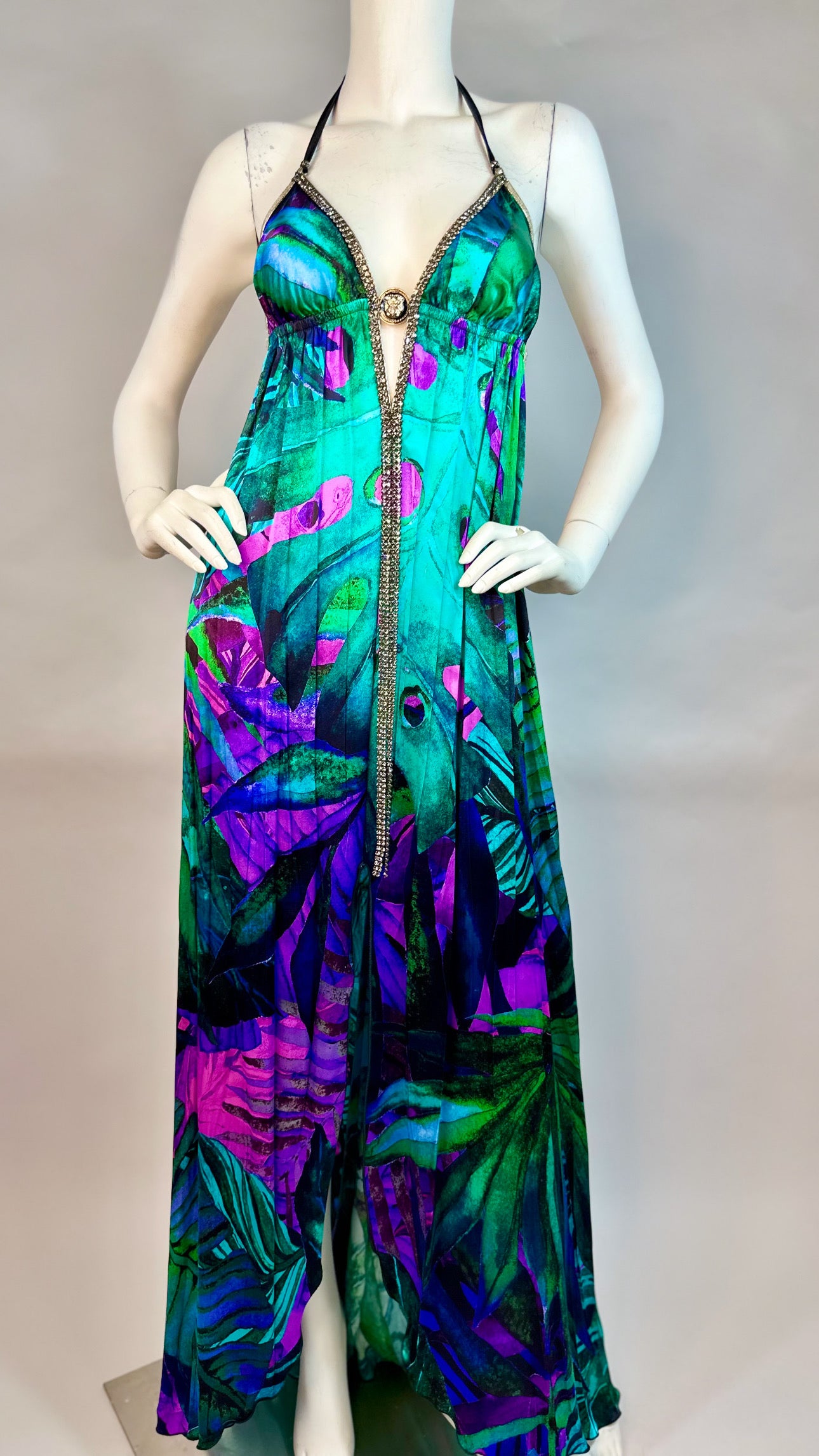 Halter open back long dress with medallion