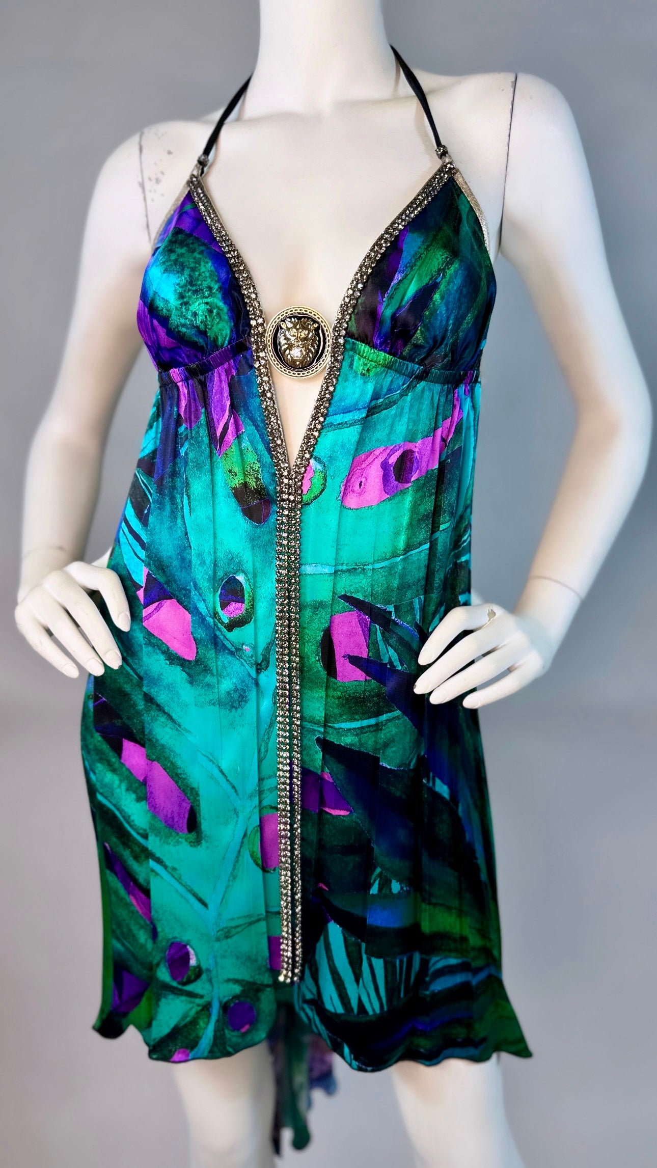 Halter open back short dress with medallion