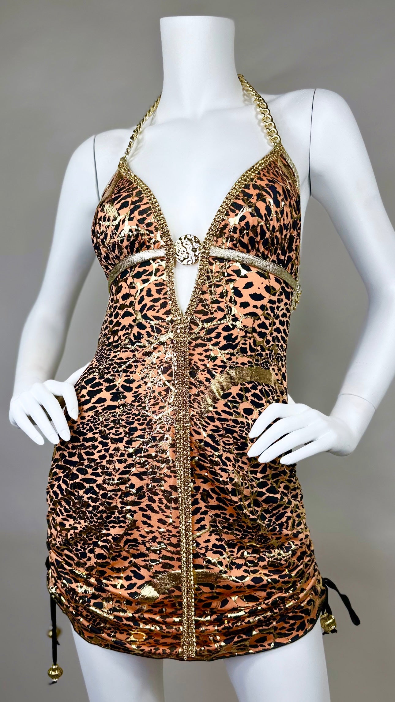 Halter open back short dress with medallion