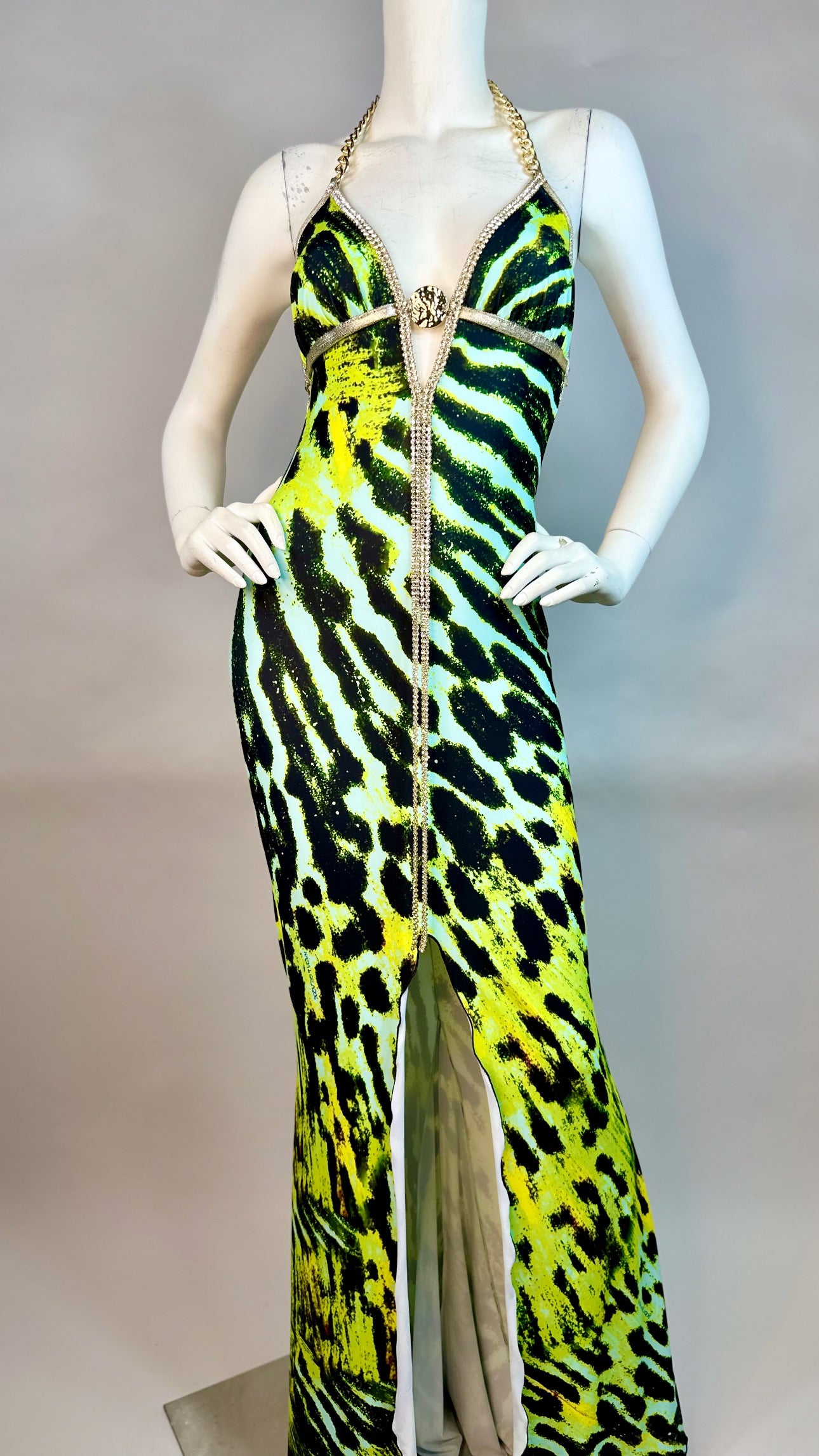 Halter open back dress with medallion