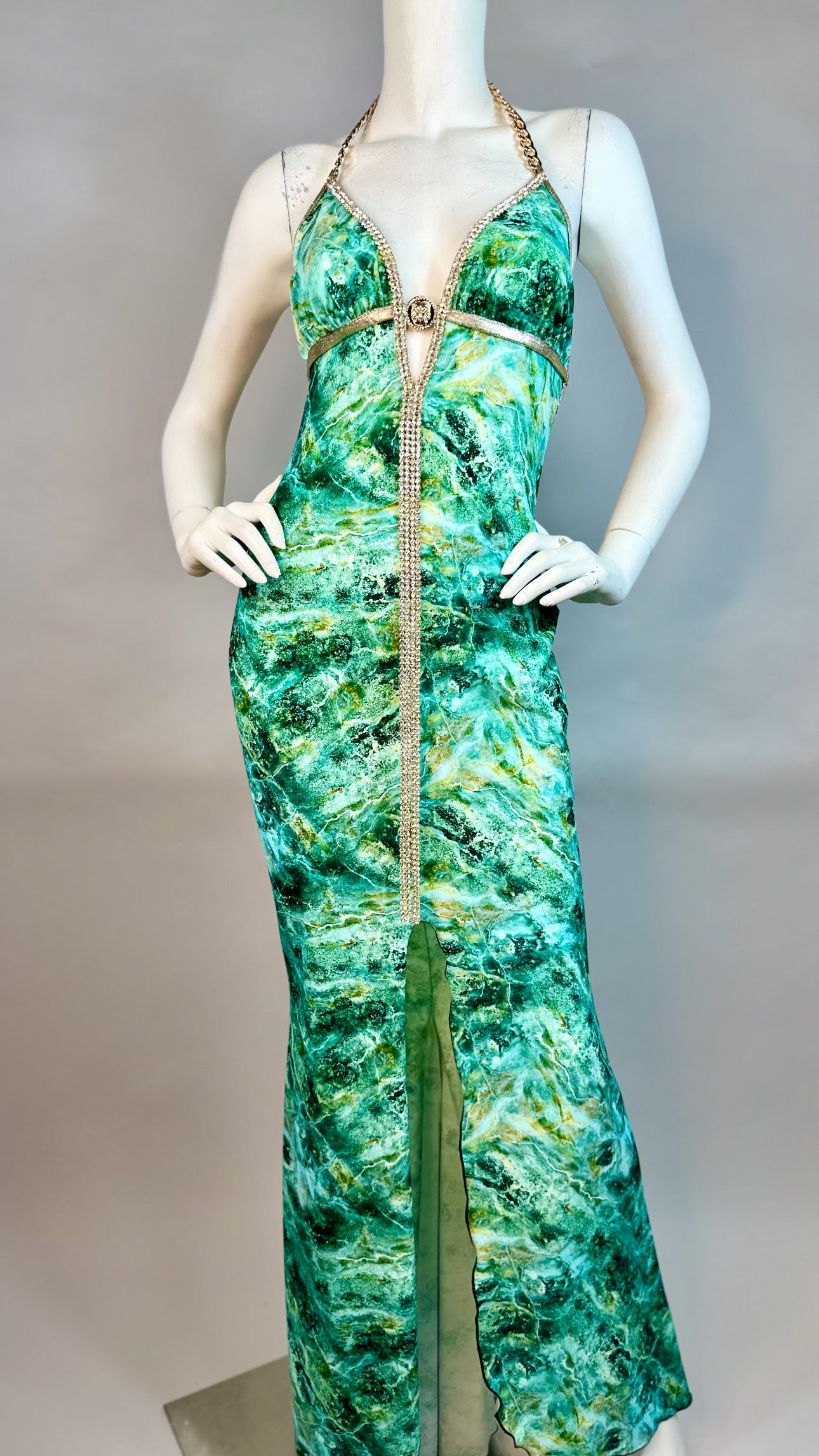 Halter open back long dress with medallion