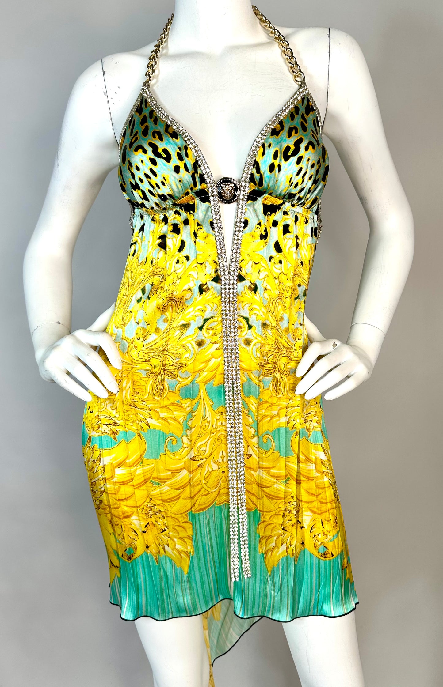 Halter open back short dress with medallion