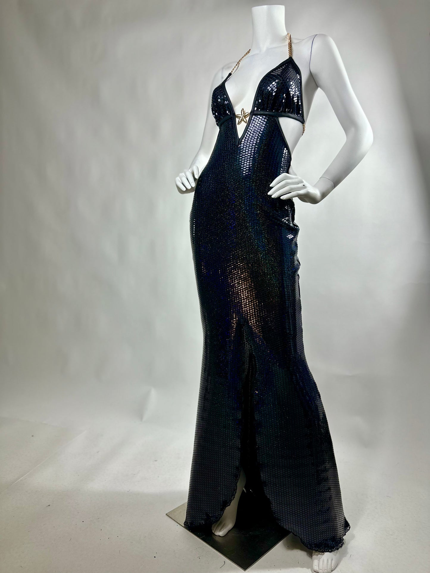 Halter open back beaded long dress with medallion