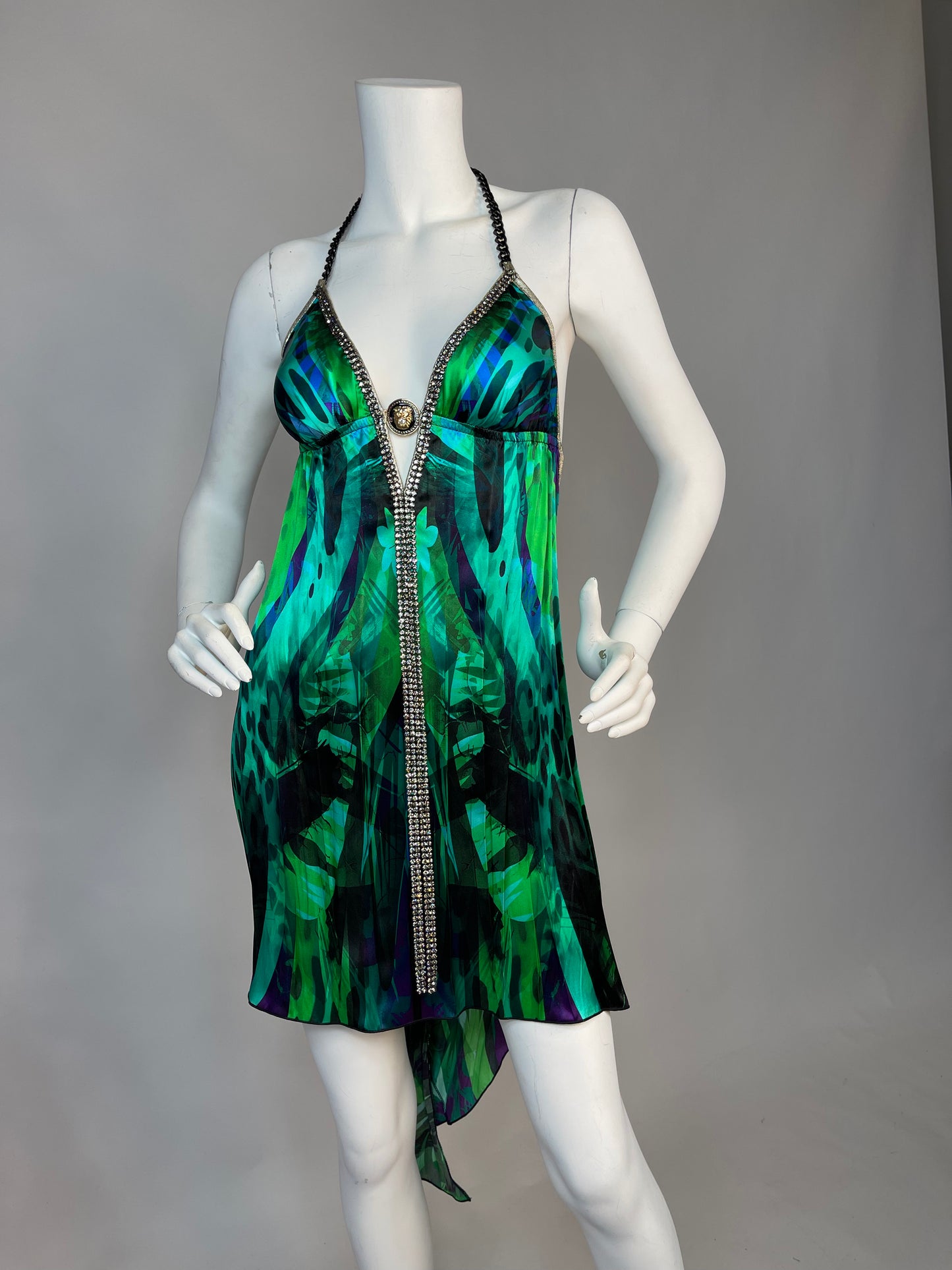 Halter open back short dress with medallion