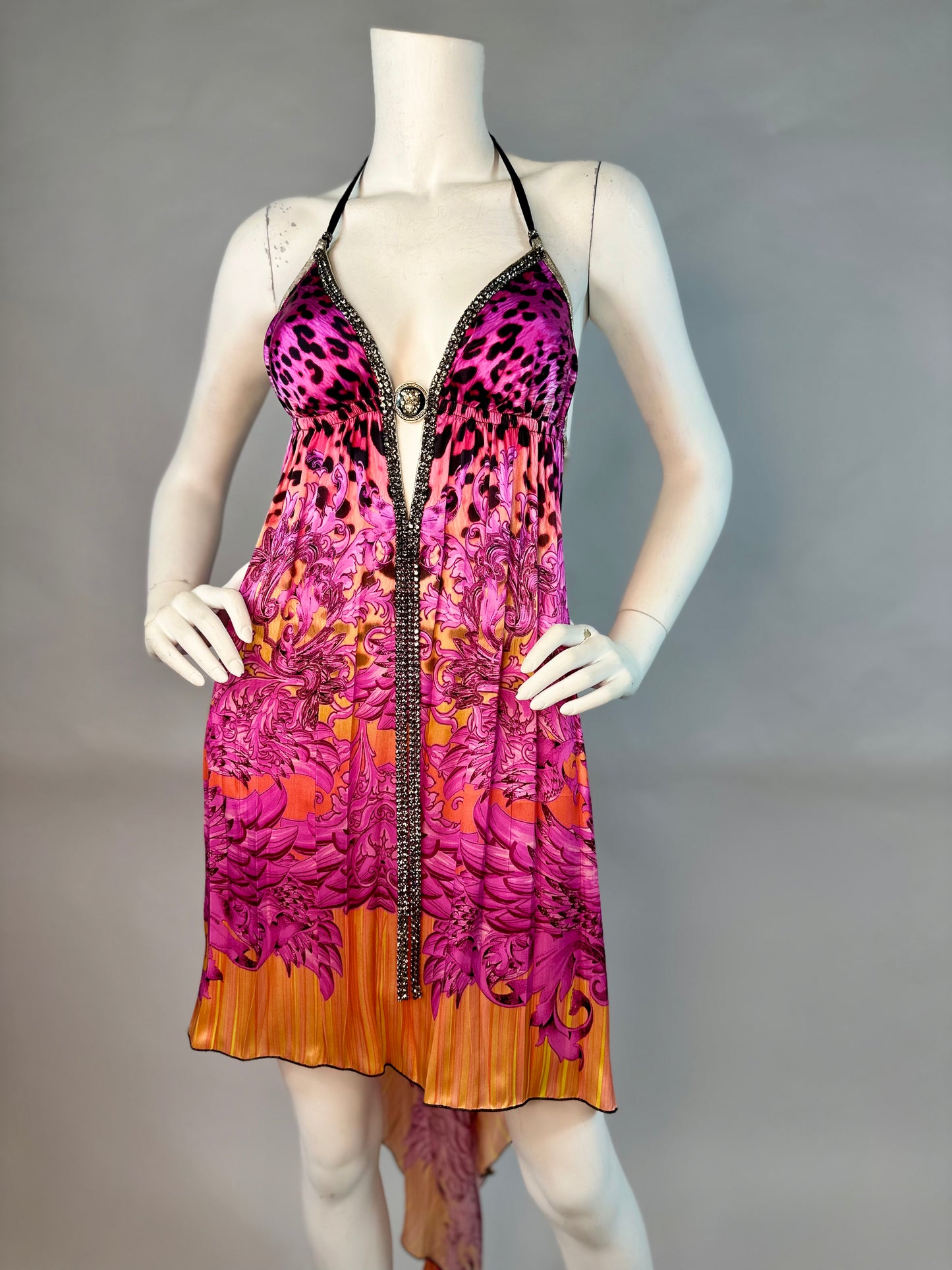 Halter open back short dress with medallion