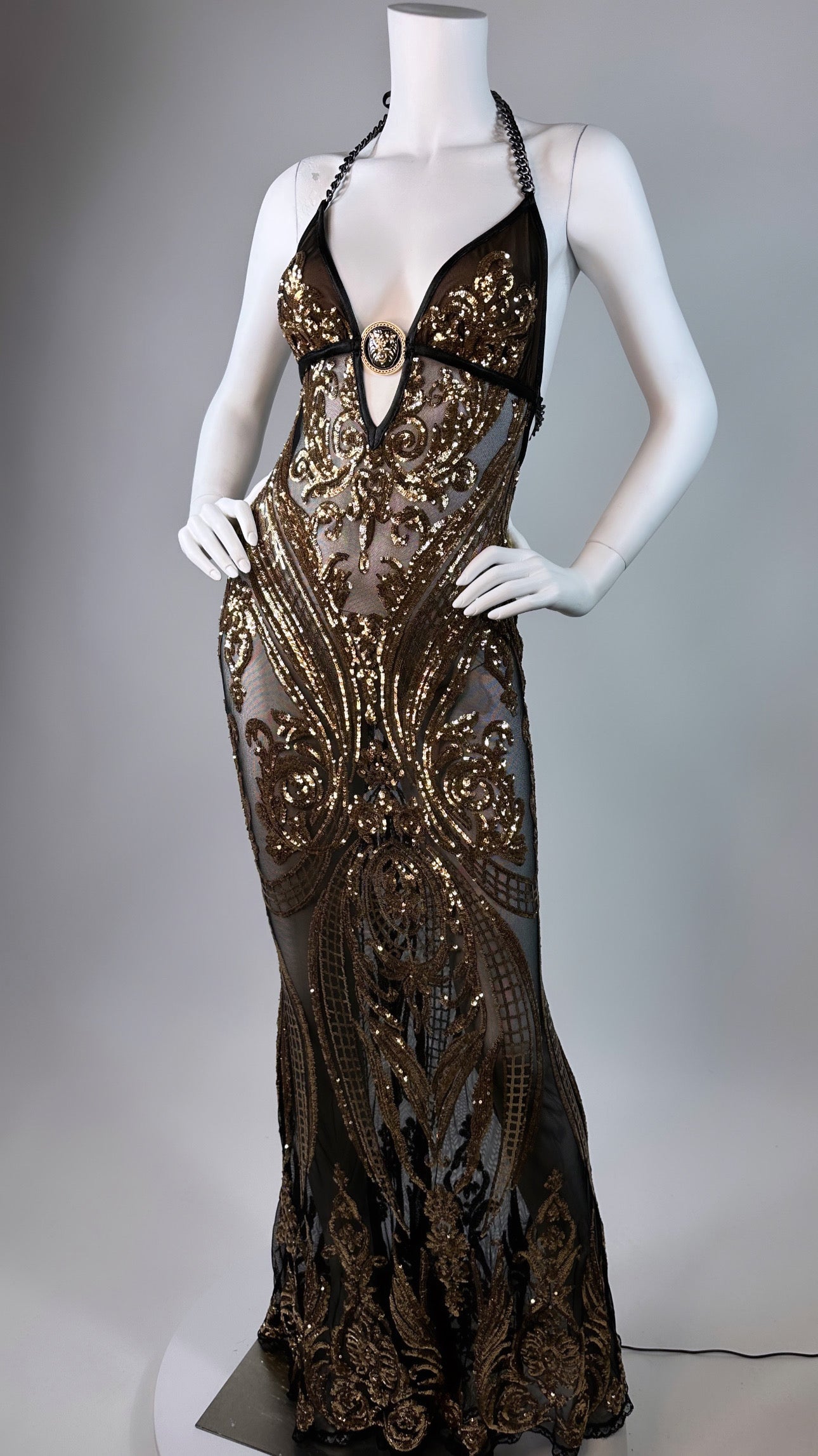 Halter open back beaded long dress with medallion