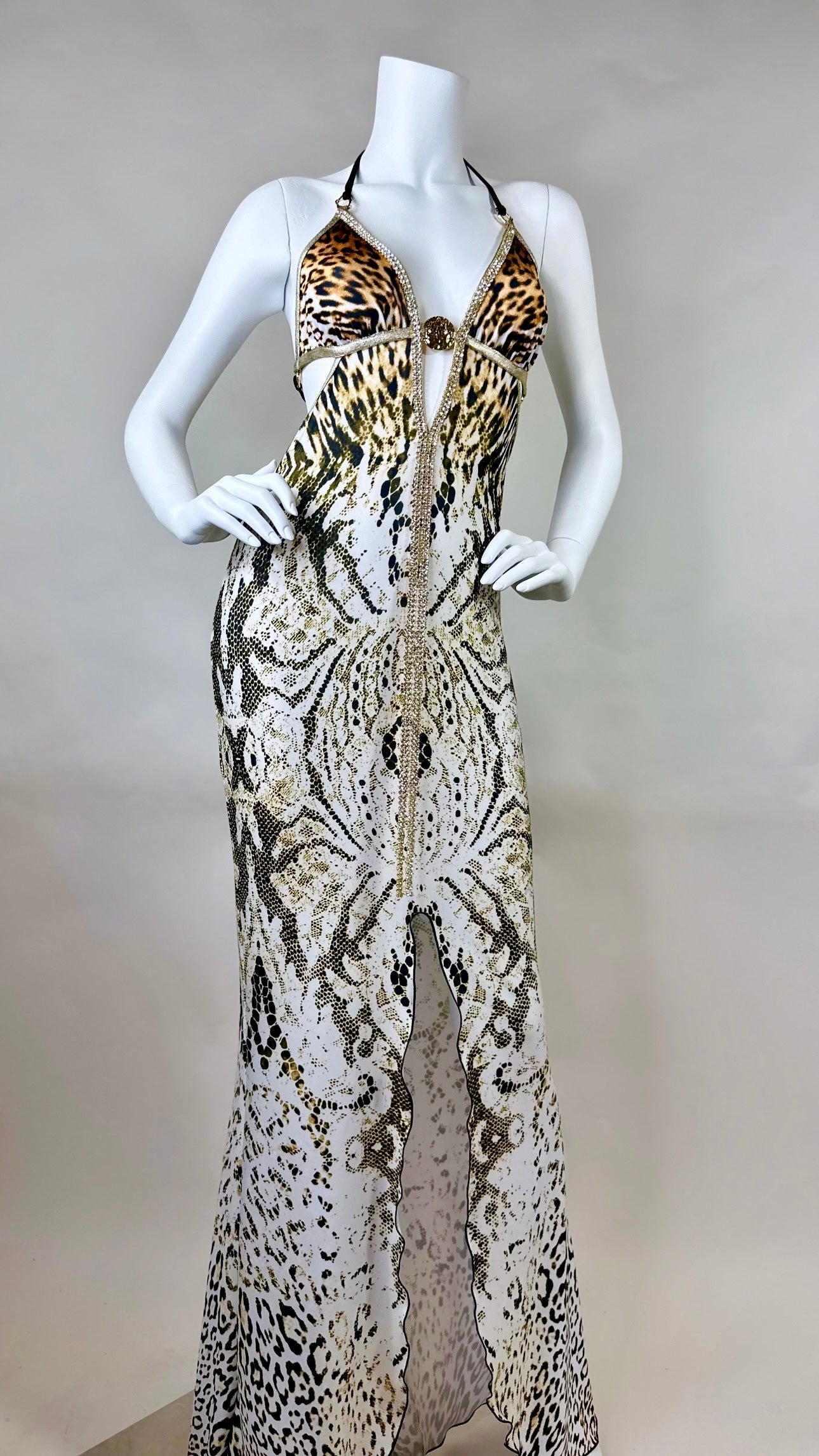 Halter open back dress with medallion
