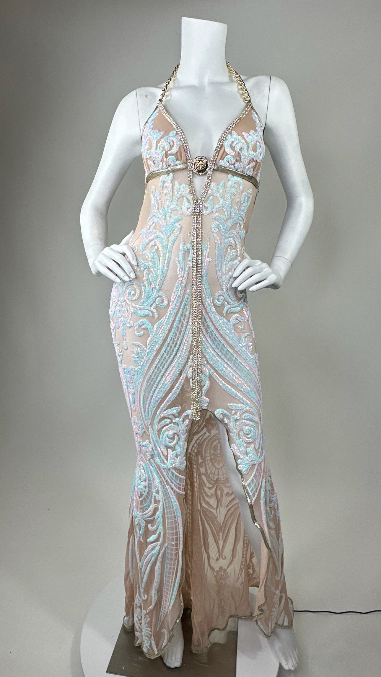 Halter open back beaded long dress with medallion