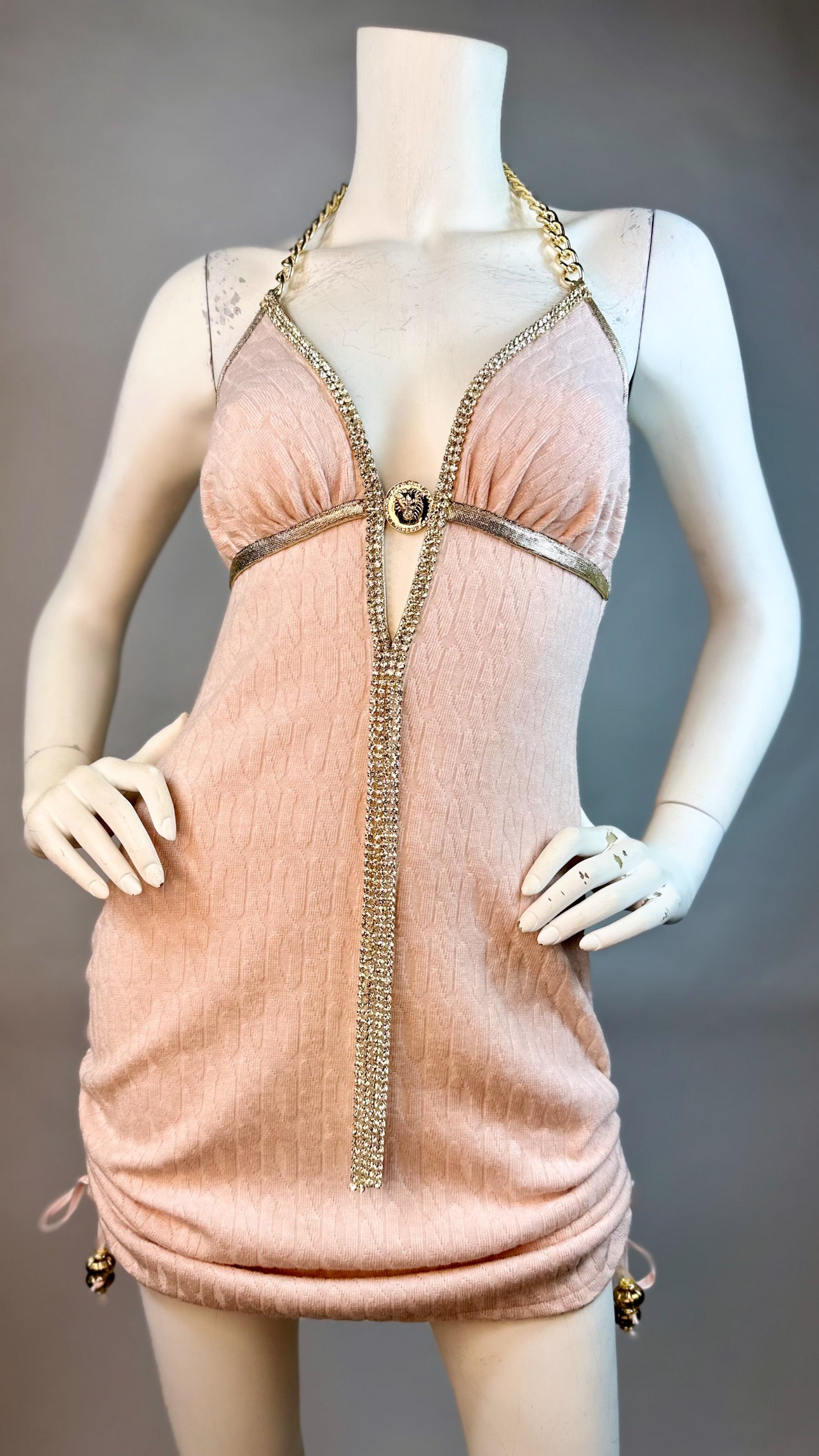 Halter open back short dress with medallion