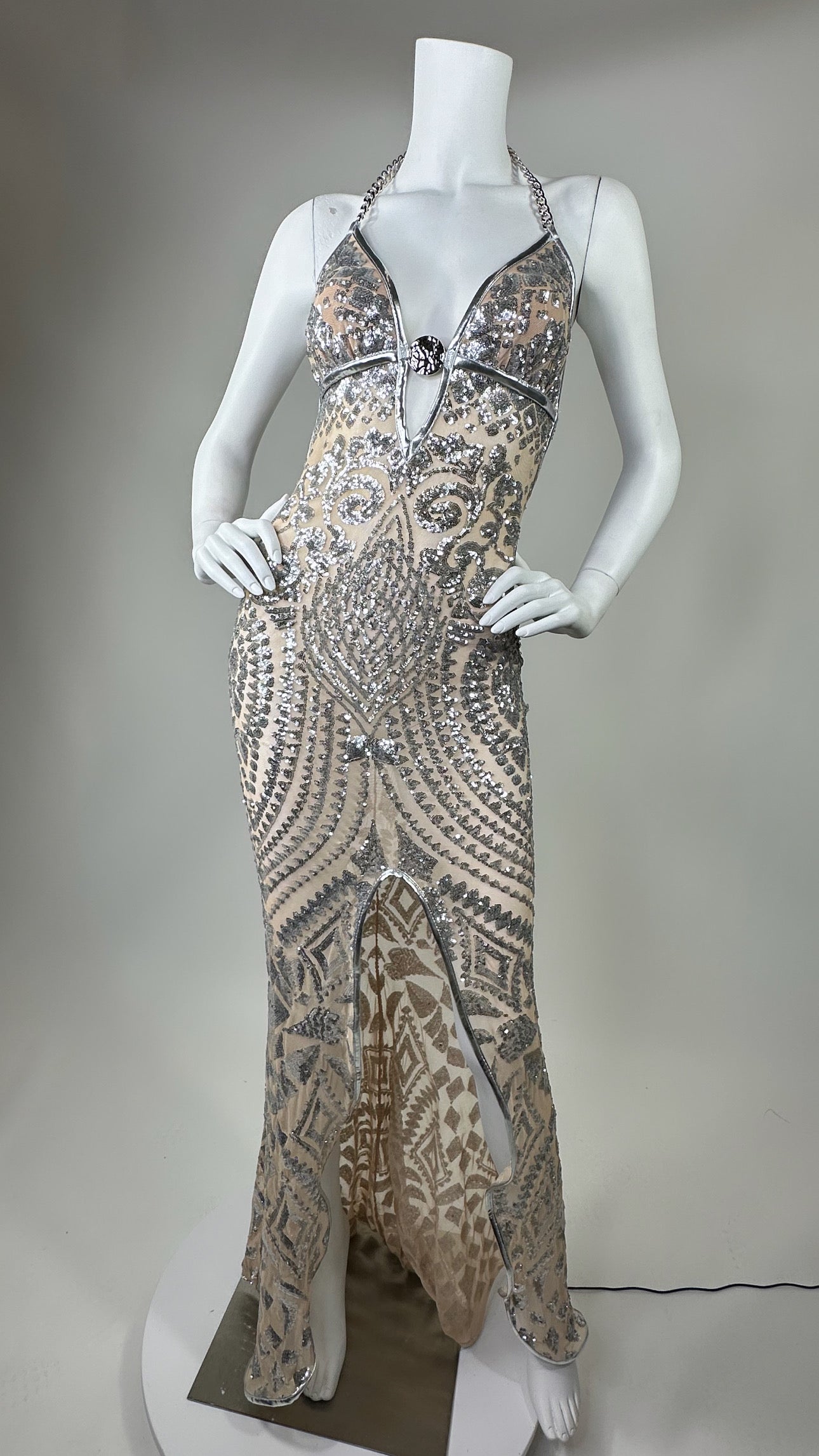 Halter open back beaded long dress with medallion