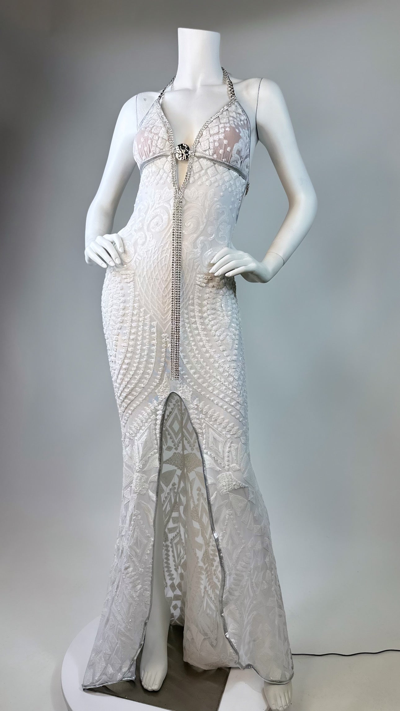 Halter open back beaded long dress with medallion