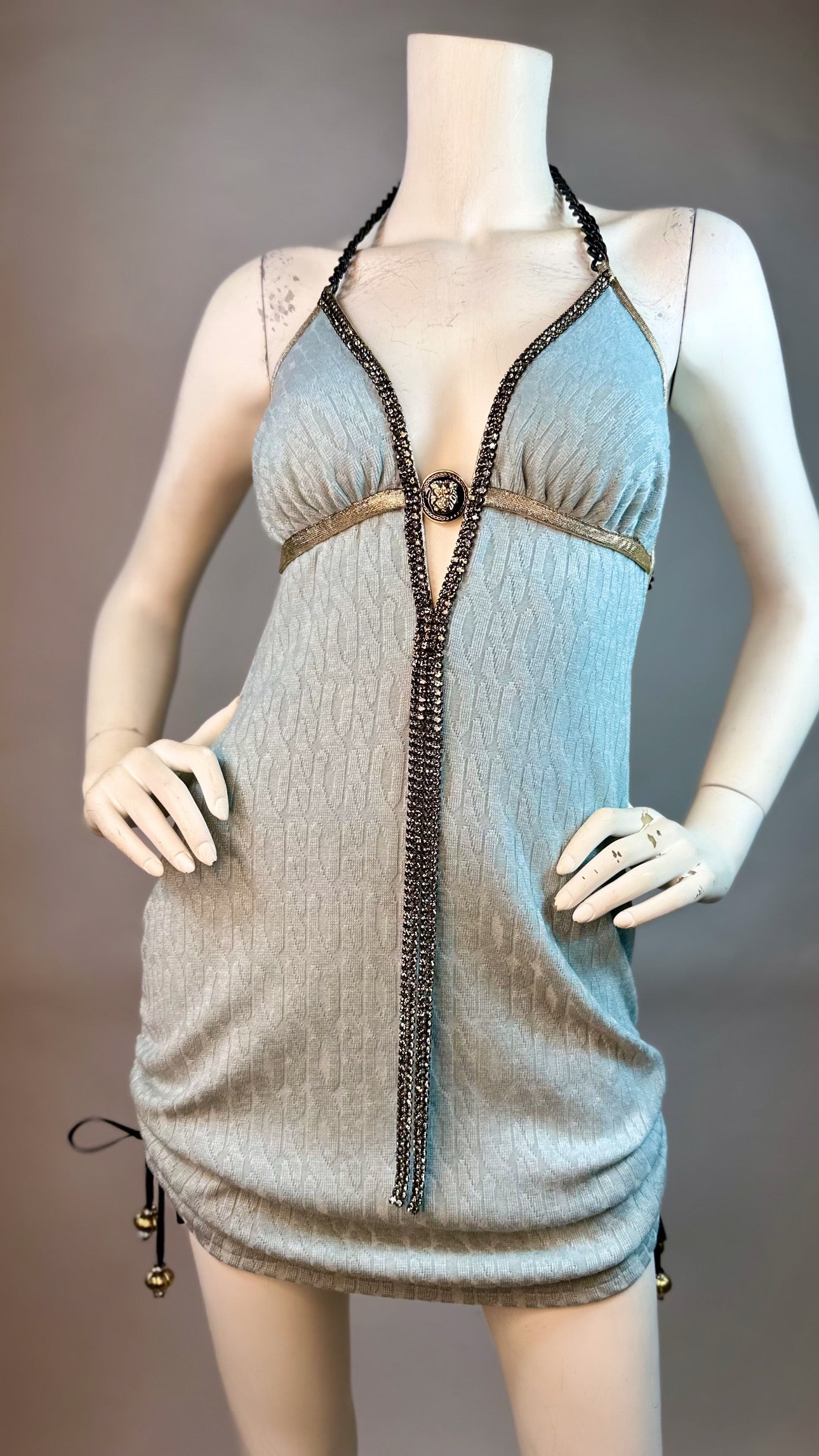 Halter open back short dress with medallion