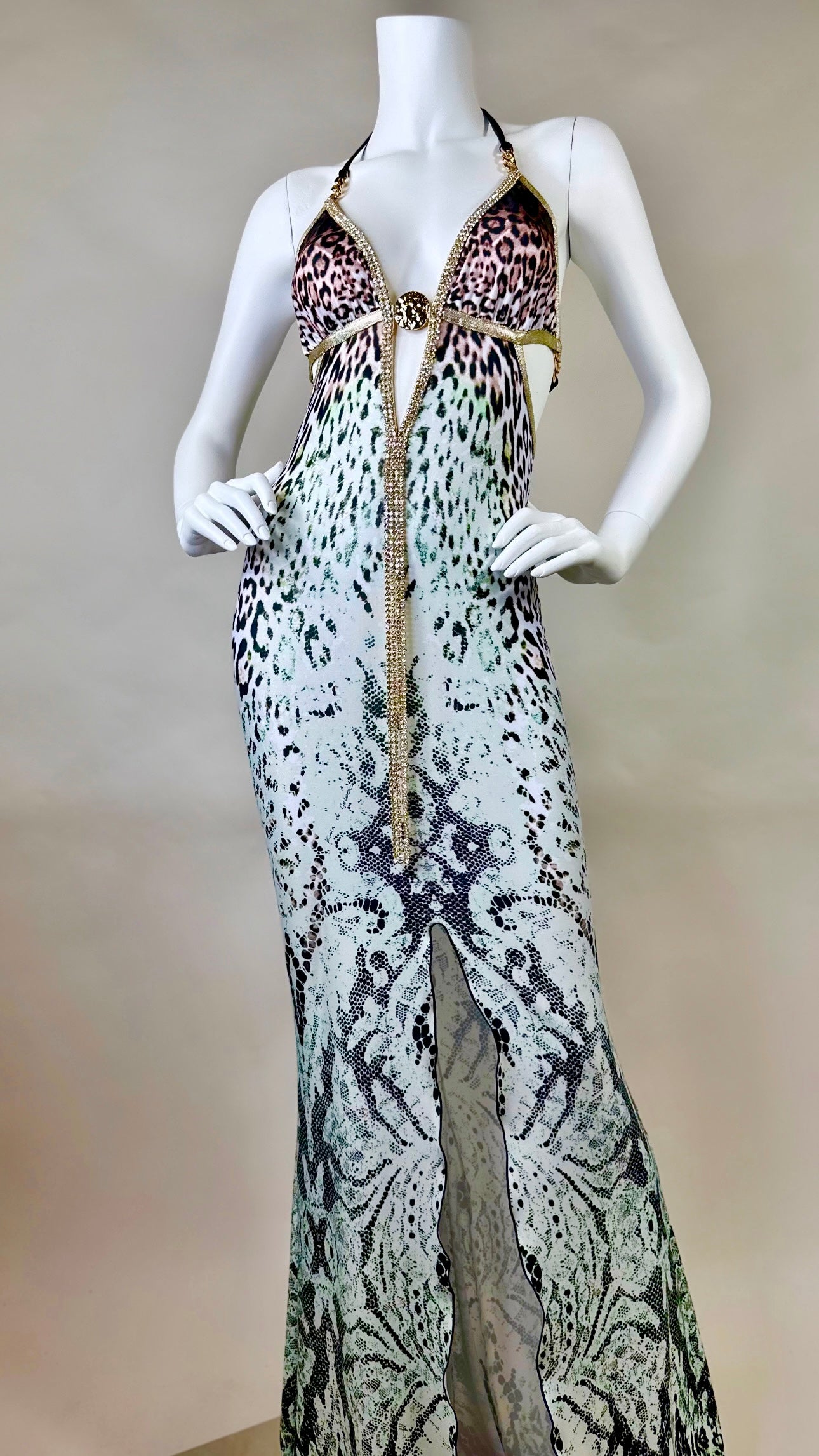 Halter open back dress with medallion