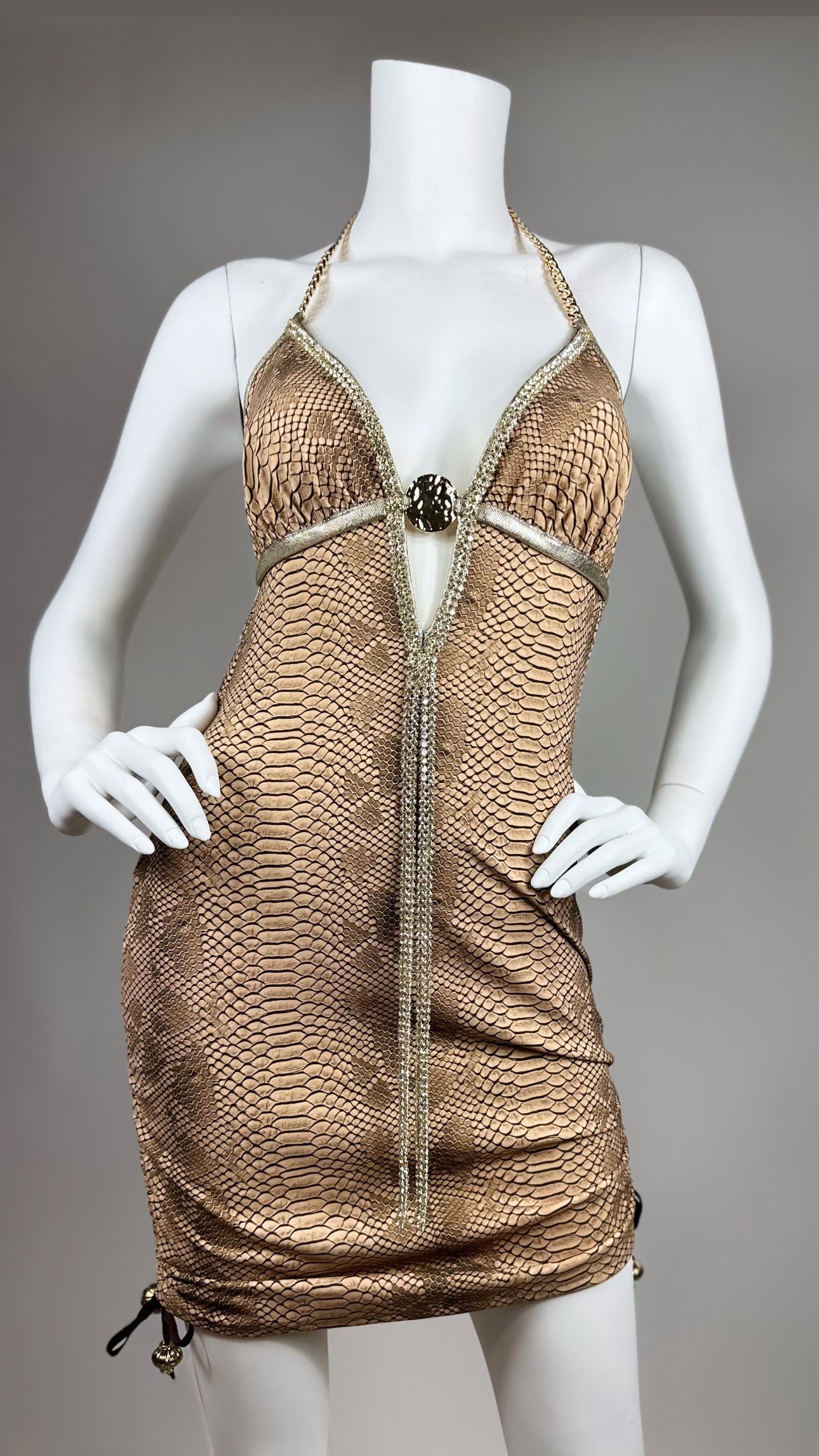 Halter open back short dress with medallion