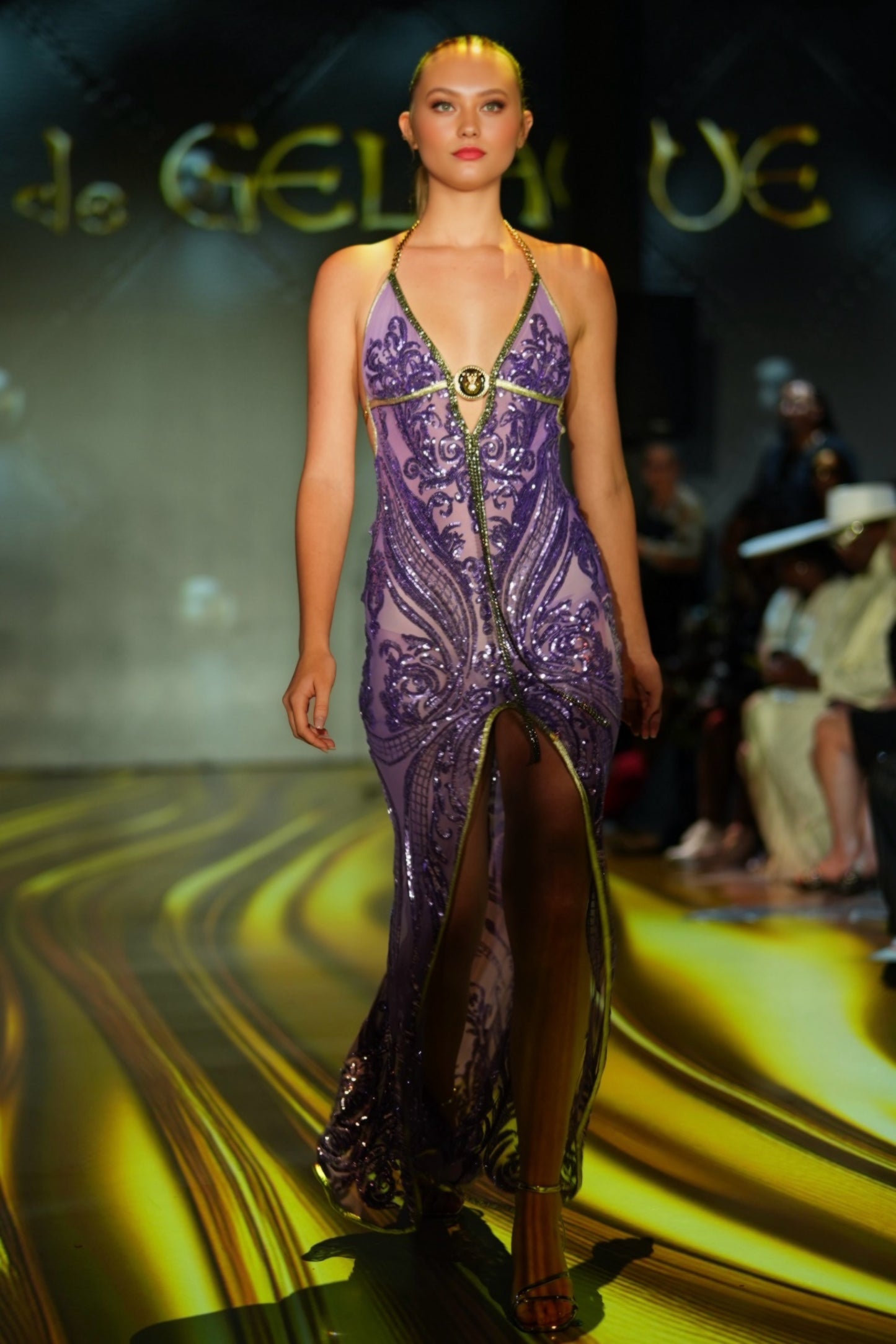 Halter open back beaded long dress with medallion